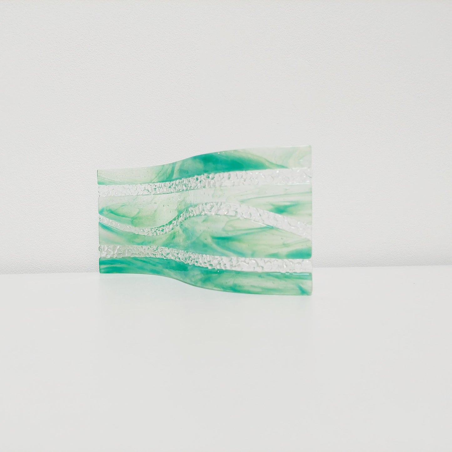 Rydal Water Glass Art Wave, Large Handmade Light Green Fused Glass Ornament, Unusual Mantlepiece Ornament, Natural Green Living Room Décor