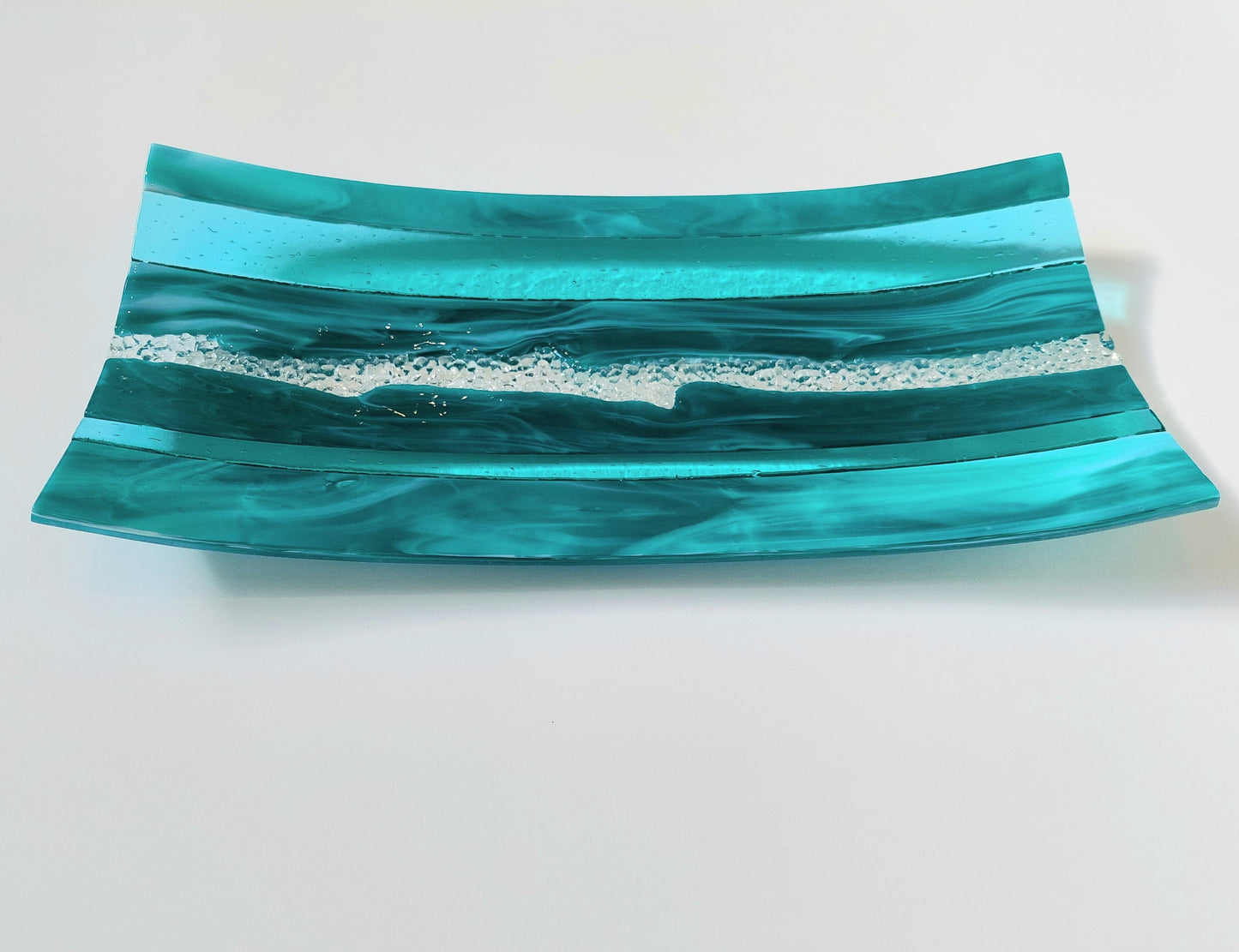 Large Teal Glass Art Plate, Handmade Teal and Aqua Fused Glass Decorative Tray, Teal Living Room Décor, Artisanal Coffee Table Centrepiece