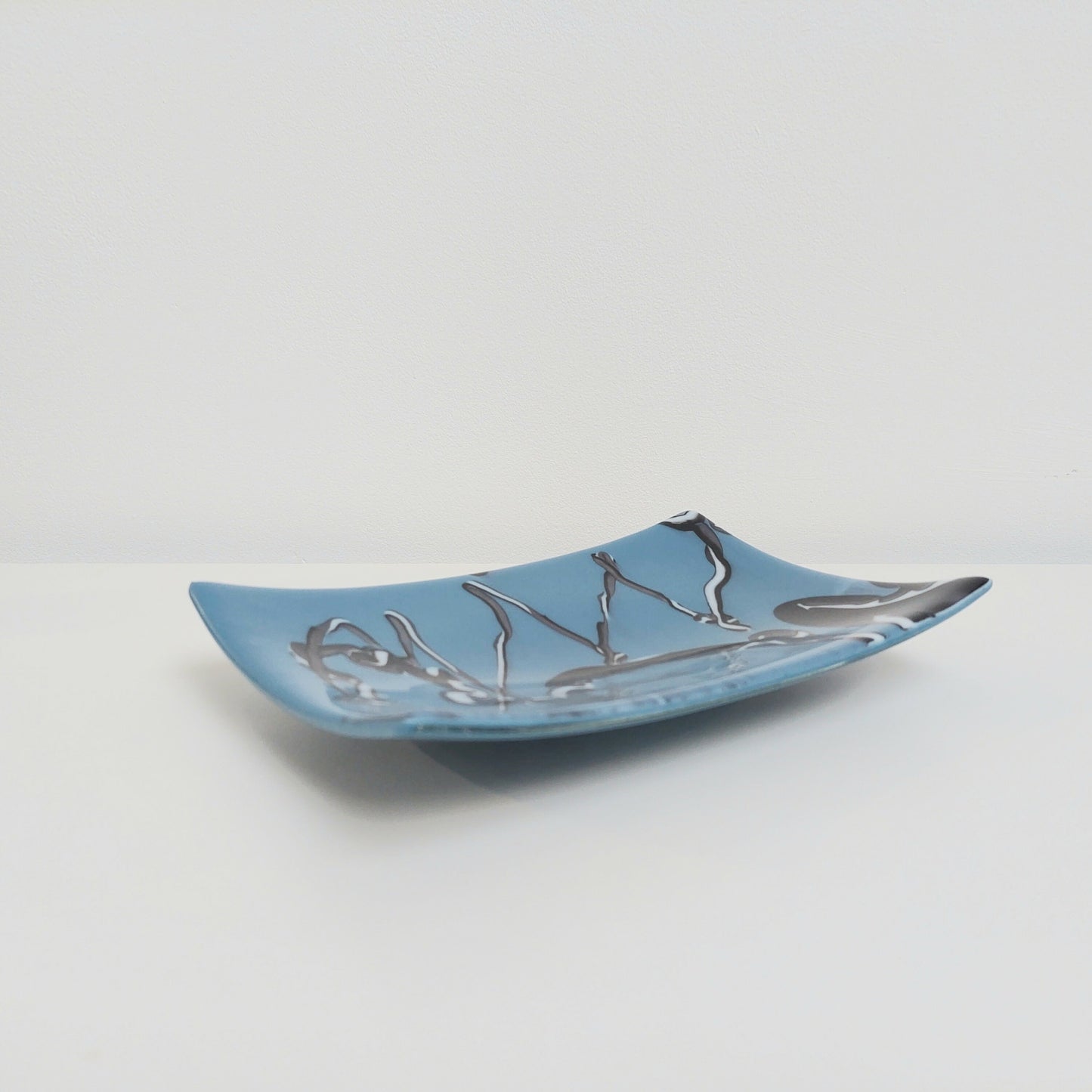 Graffiti Glass Art Plate, Unusual Handcrafted Slate Blue Fused Glass Plate with Black and White Abstract Design, Coffee Table Centrepiece