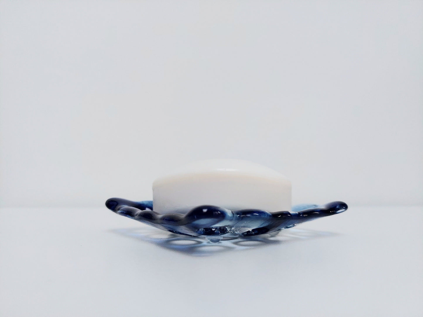 Coniston Water Glass Art Soap Dish with Holes, Handcrafted Dark Aventurine Blue and Crystal Clear Fused Glass Soap Tray, Blue Bathroom Décor