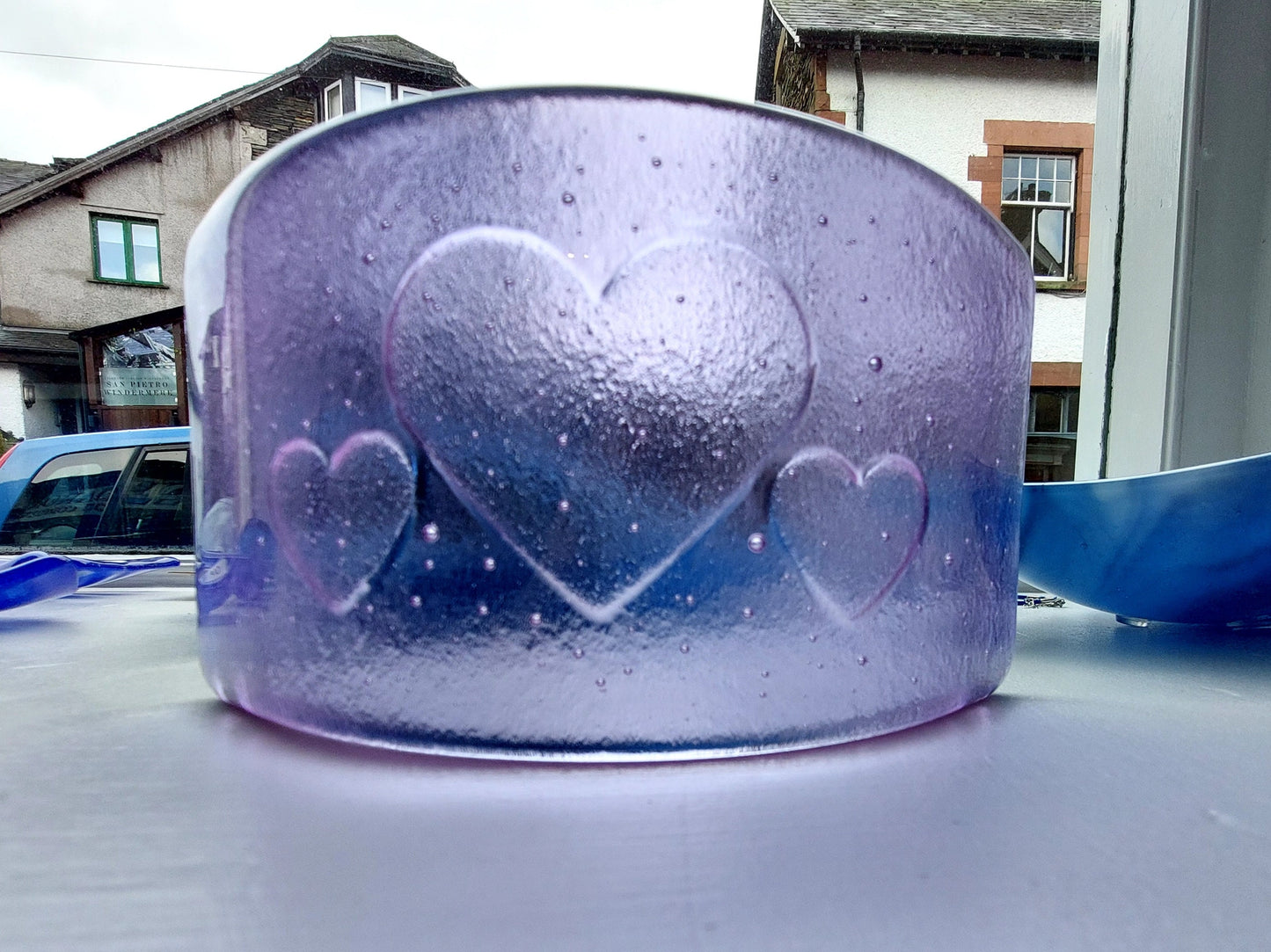 Lilac Glass Heart Ornament, Handmade Light Purple Fused Glass Curve with a Trio of Kiln Carved Hearts, Lilac Bedroom Décor, Gift for Her