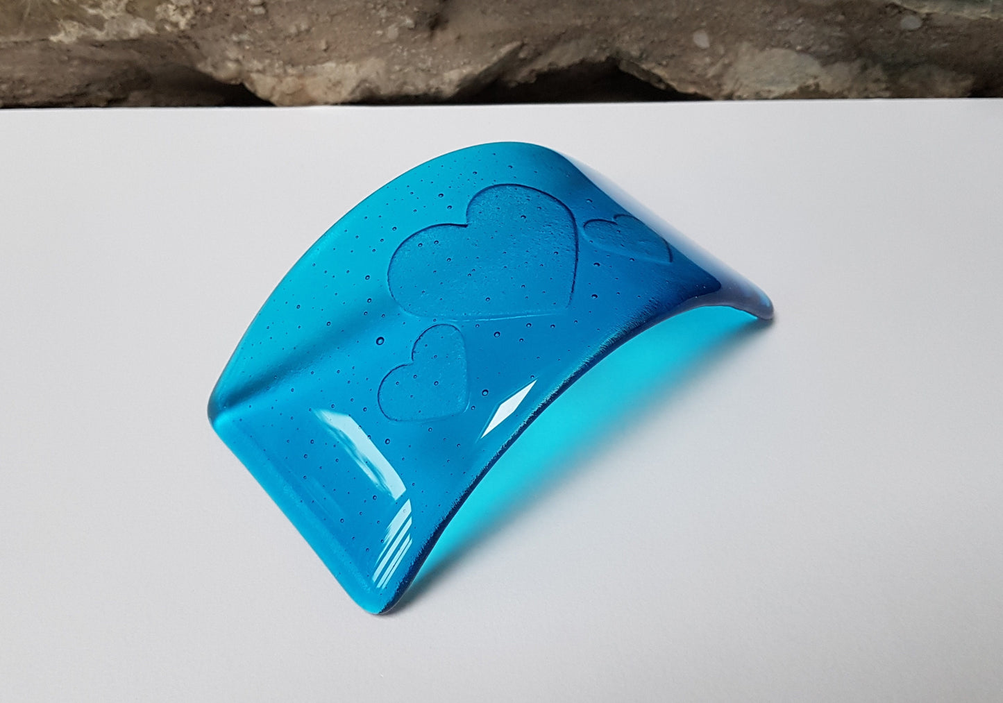 Turquoise Glass Heart Curve, Handmade Blue Glass Art Ornament with a Trio of Kiln Carved Hearts, Blue Decor, Love in the Lakes Collection