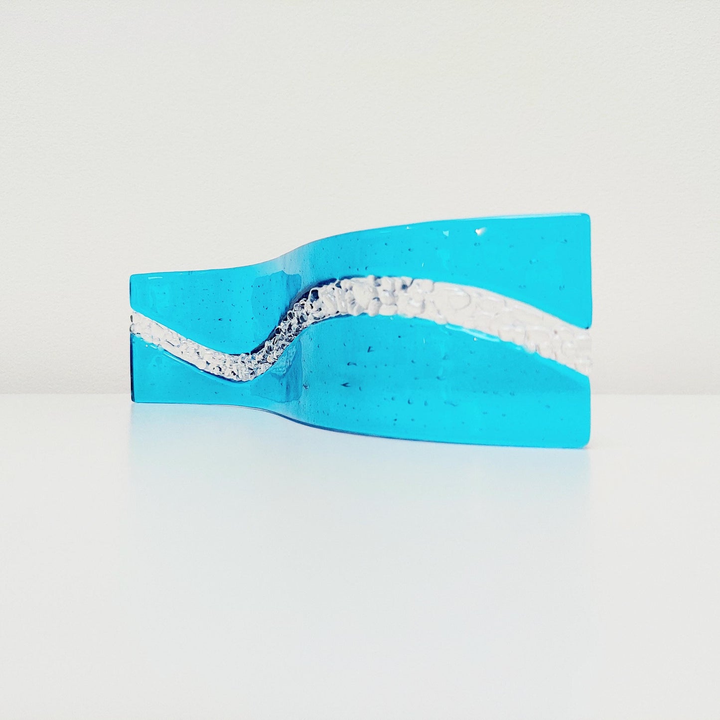 Abstract Turquoise Glass Art Wave, Handmade Turquoise and Crystal Clear Fused Glass Ornament, Minimalist Turquoise Décor, Beach House Décor