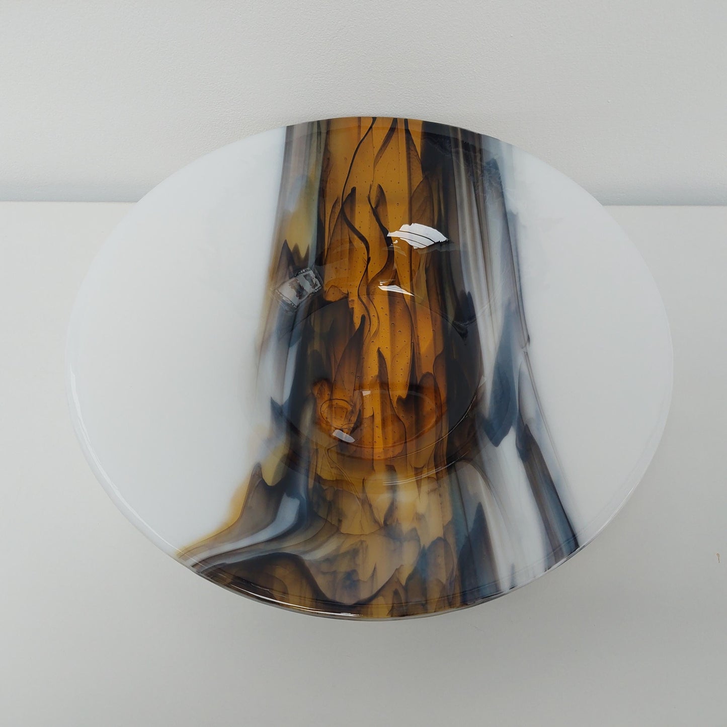 Golden Cascade Glass Art Bowl, Large Handcrafted White Kiln Formed Bowl with an Abstract Gold and Black Design, Artisanal Wedding Gift