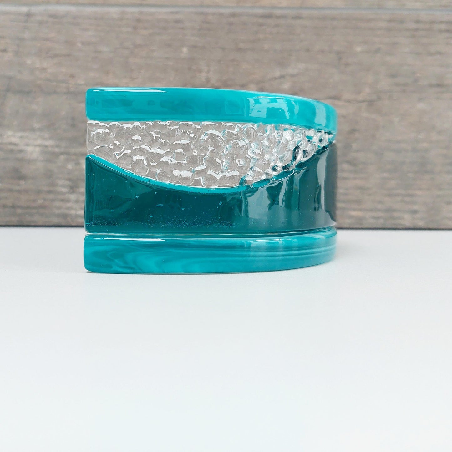 Artisan Teal Fused Glass Curve, Handmade Teal Glass Art Mantlepiece Ornament, Teal Living Room Décor, Freestanding Teal Glass Candle Screen