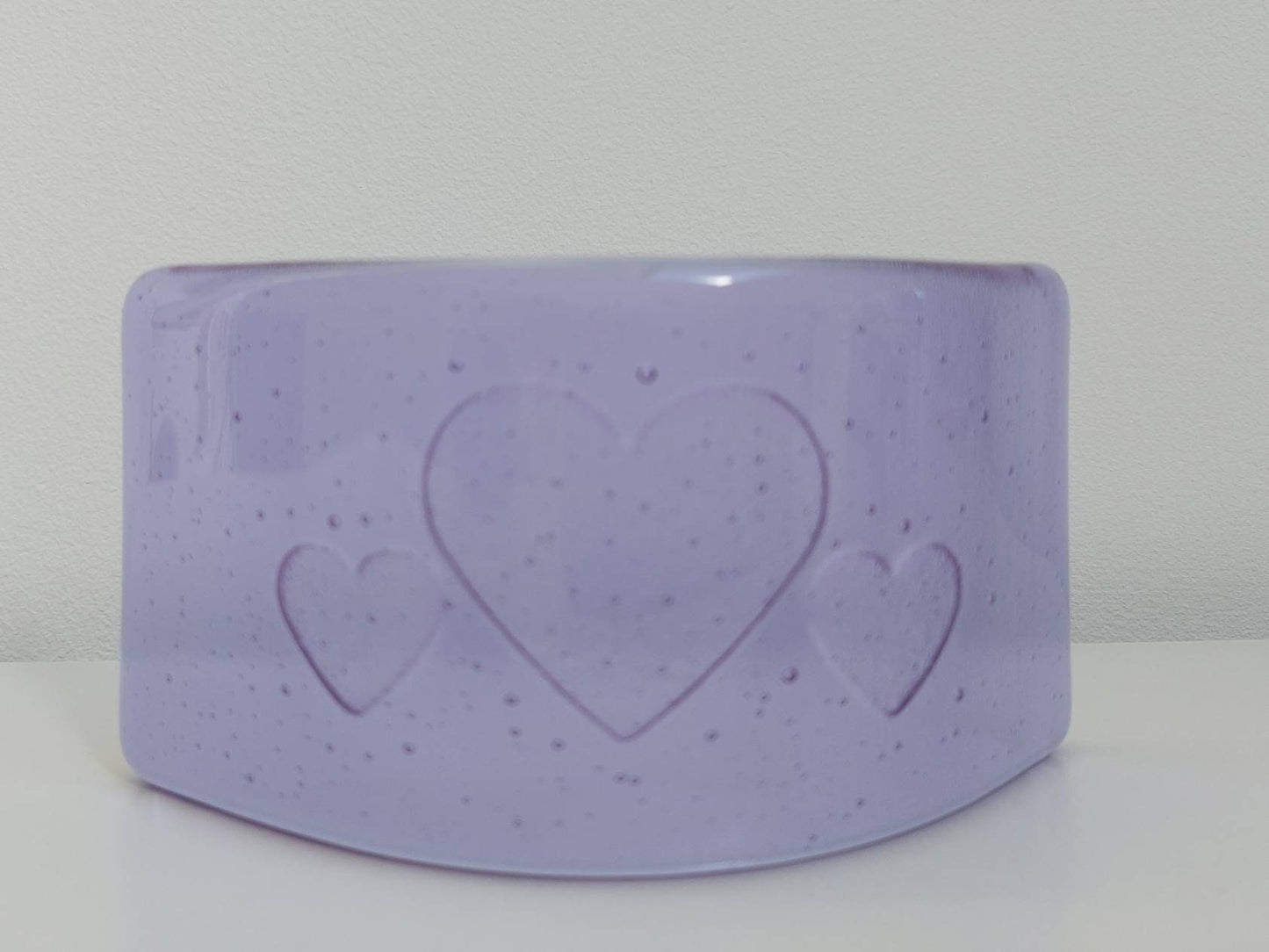 Lilac Glass Heart Ornament, Handmade Light Purple Fused Glass Curve with a Trio of Kiln Carved Hearts, Lilac Bedroom Décor, Gift for Her