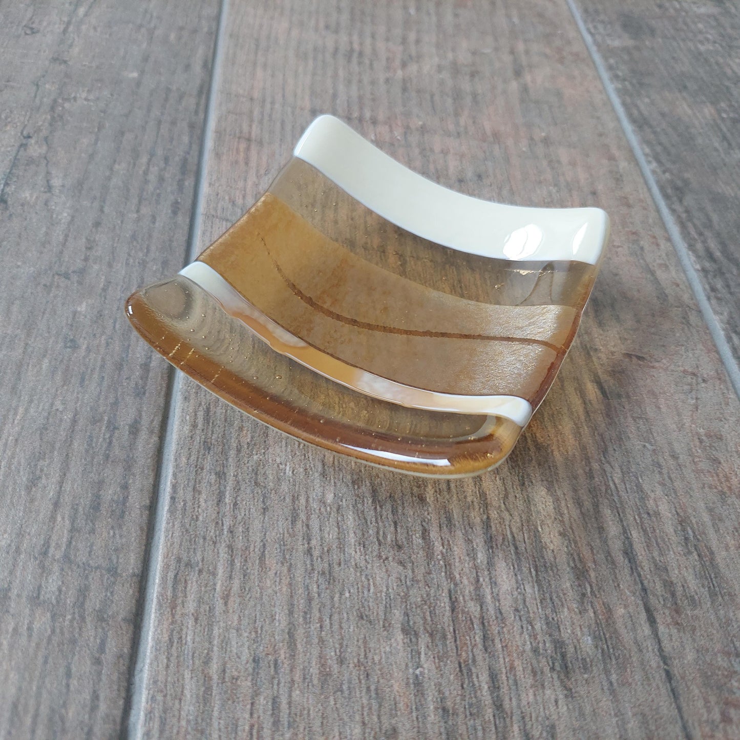 Gold and Cream Trinket Dish, Handmade Fused Glass Art Jewellery Bowl, Small Artisan Bedside Table Dish, Gold Bedroom Décor, Unusual Key Bowl