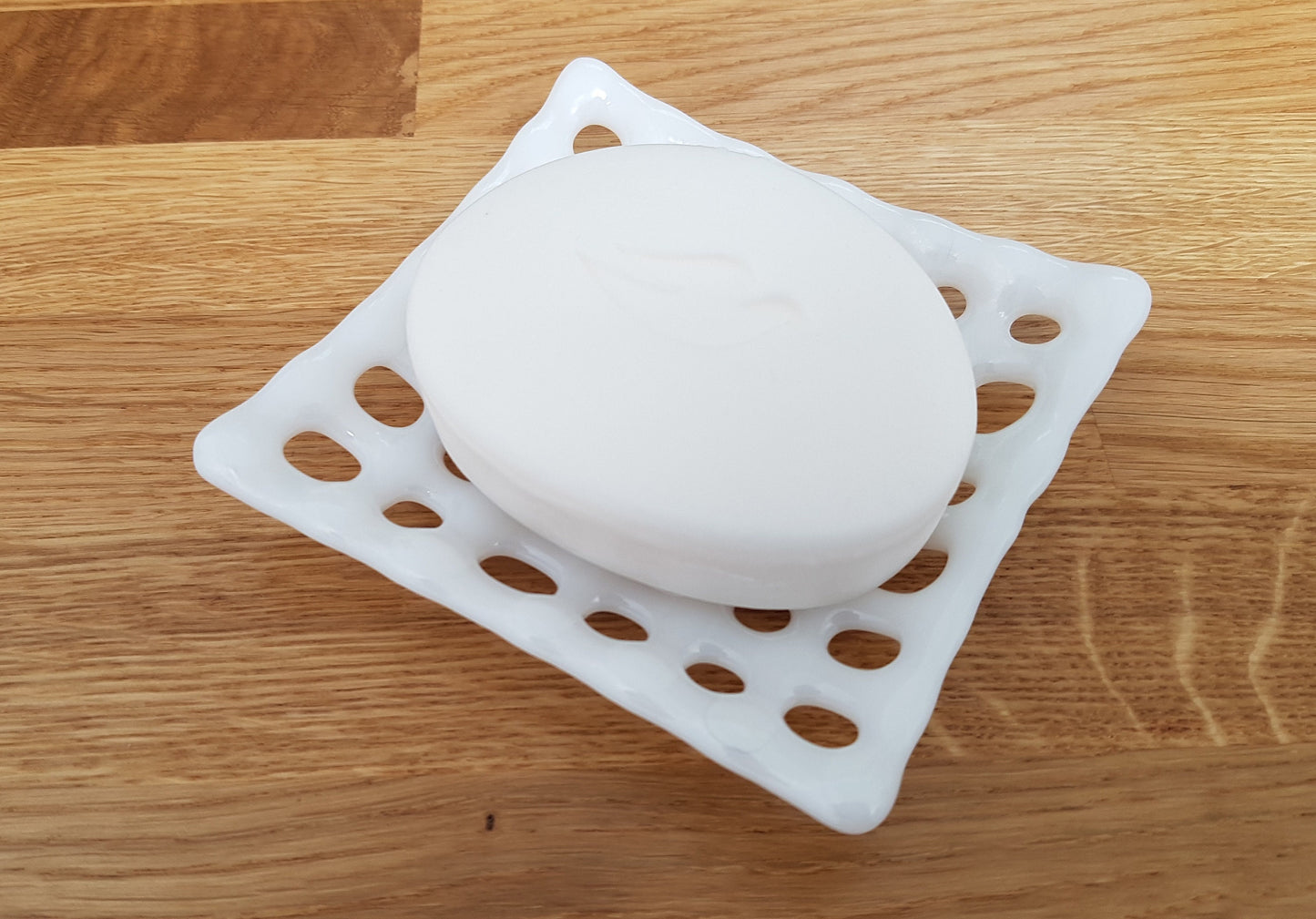 Handmade White Glass Soap Dish with Holes, Monochrome Bathroom Decor