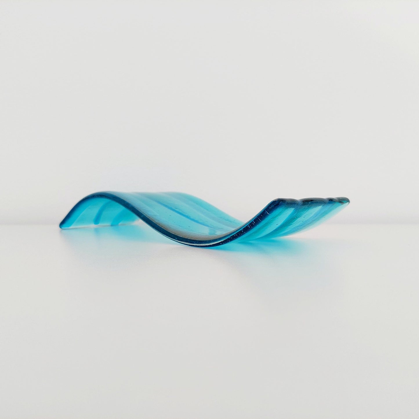 Aqua and Turquoise Glass Wave, Handcrafted Minimalist Fused Glass Art Ornament, Unusual Bathroom Shelf Ornament, Turquoise Bathroom Décor