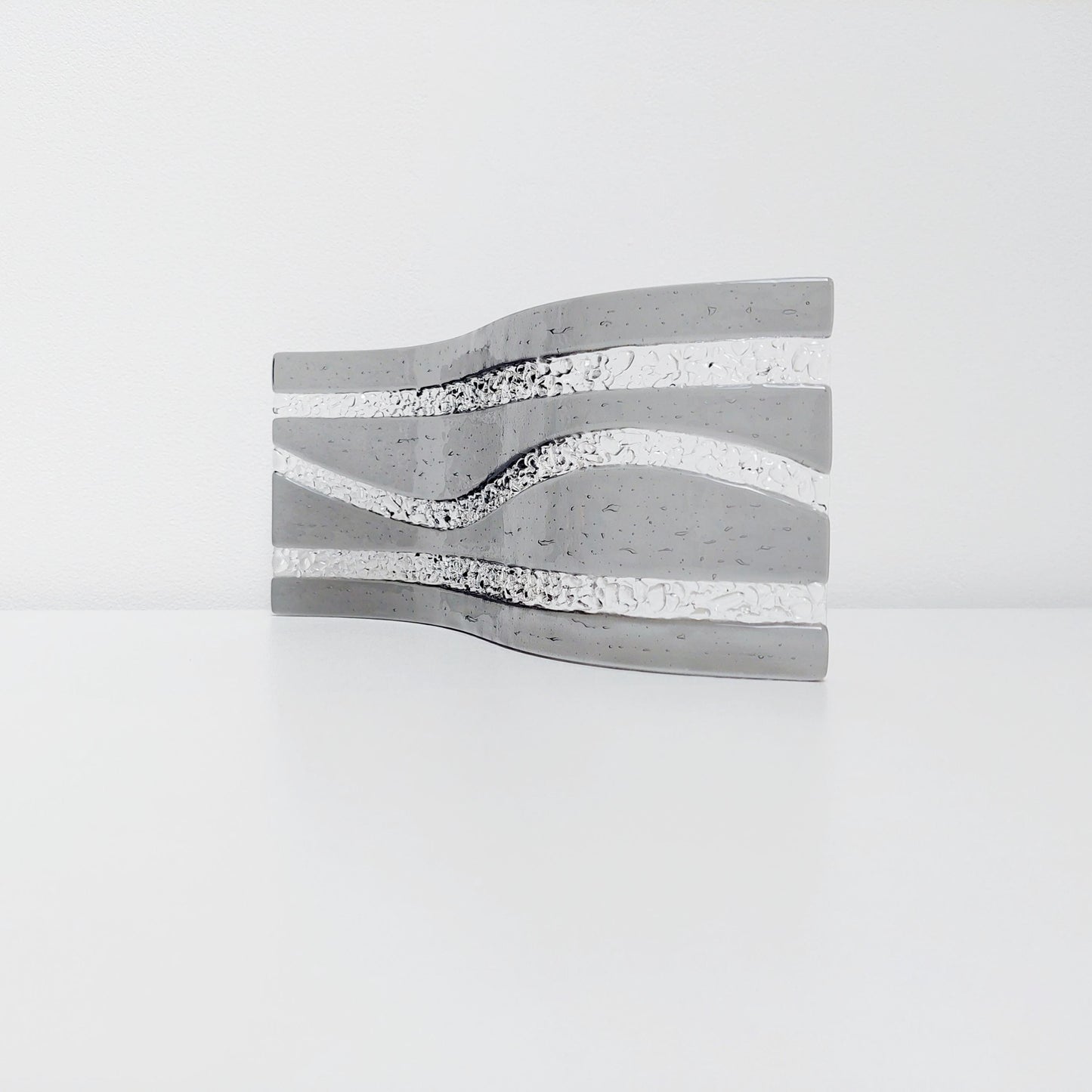 Silver Grey Glass Art Wave, Monochrome Mantlepiece Ornament