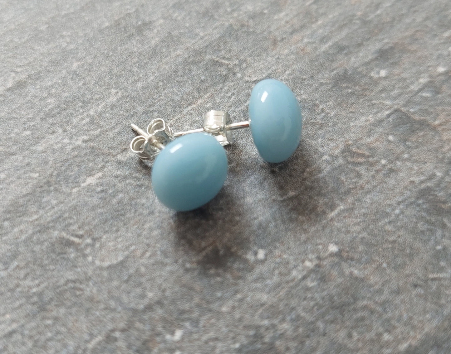 Light Blue-Grey Glass Stud Earrings with Sterling Silver Posts and Butterflies, Minimalist Fused Glass Studs, Small Pale Blue Earrings