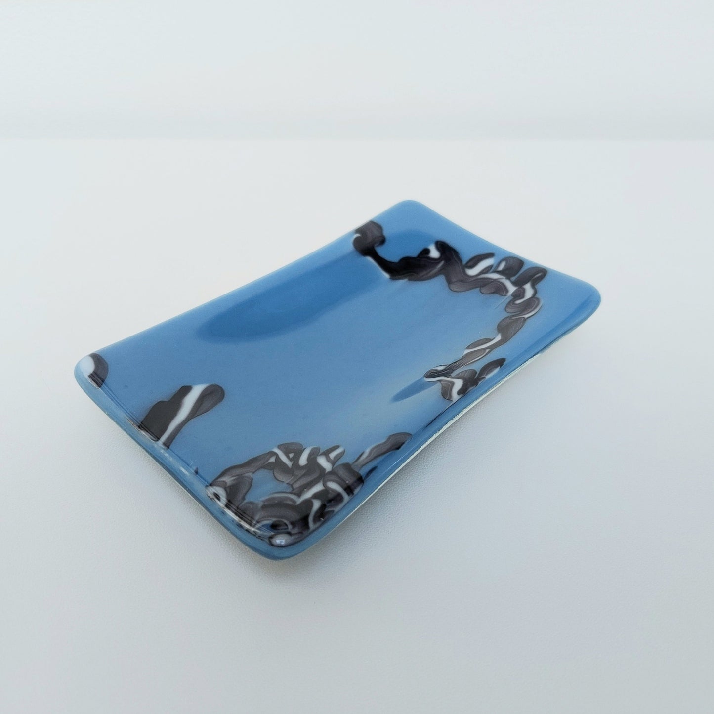 Slate Blue Glass Trinket Dish with a Black and White Graffiti Design, Unusual Fused Glass Art Bedside Table Dish, Blue Bedroom Décor