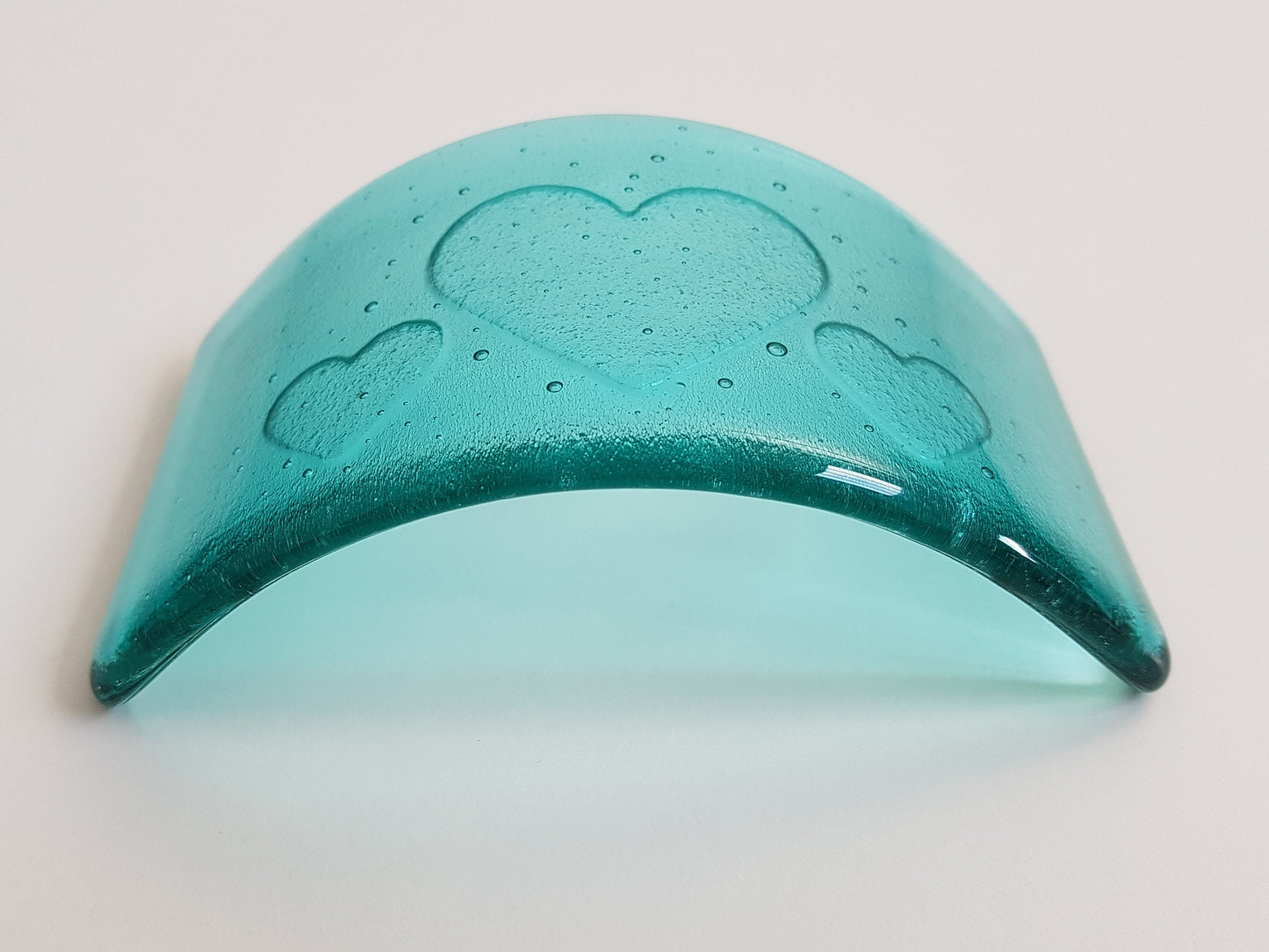 Aqua Glass Heart Ornament, Handmade Fused Glass Curve