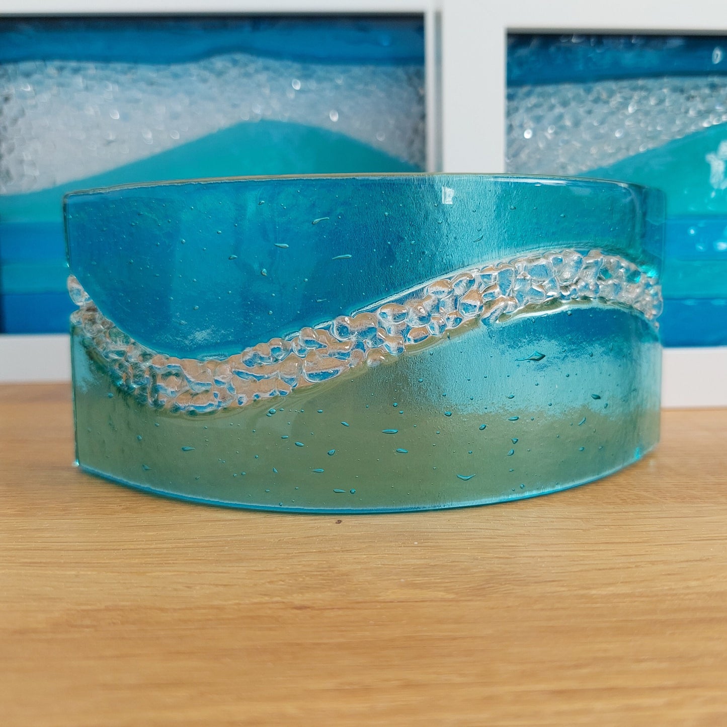 Minimalist Aqua Glass Art Curve, Handmade Abstract Fused Glass Ornament, Contemporary Aqua Living Room Décor, Freestanding Glass Suncatcher