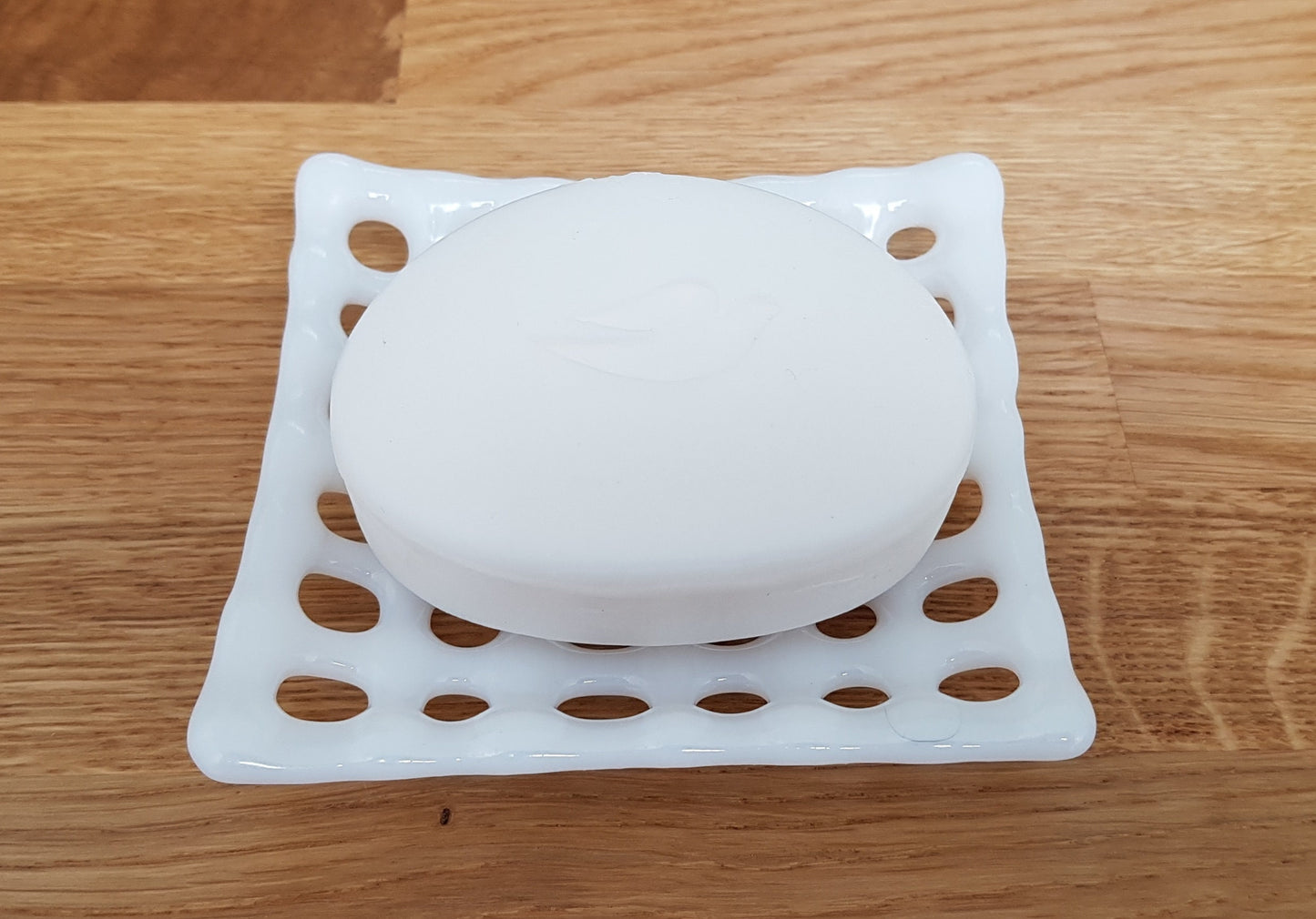 Handmade White Glass Soap Dish with Holes, Monochrome Bathroom Decor
