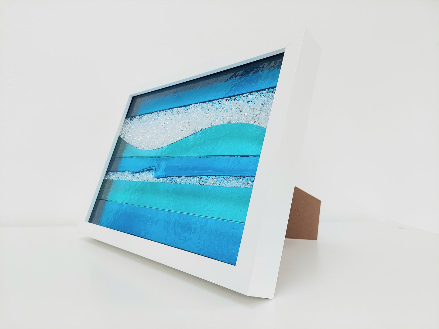 Summer in Keswick Glass Art Framed Picture, Large Handmade Aqua and Turquoise Fused Glass Artisan Picture, Glass Wall Art, Beach House Décor