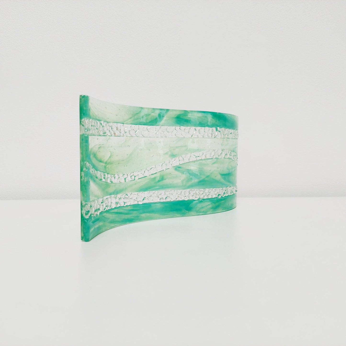 Rydal Water Glass Art Wave, Large Handmade Light Green Fused Glass Ornament, Unusual Mantlepiece Ornament, Natural Green Living Room Décor