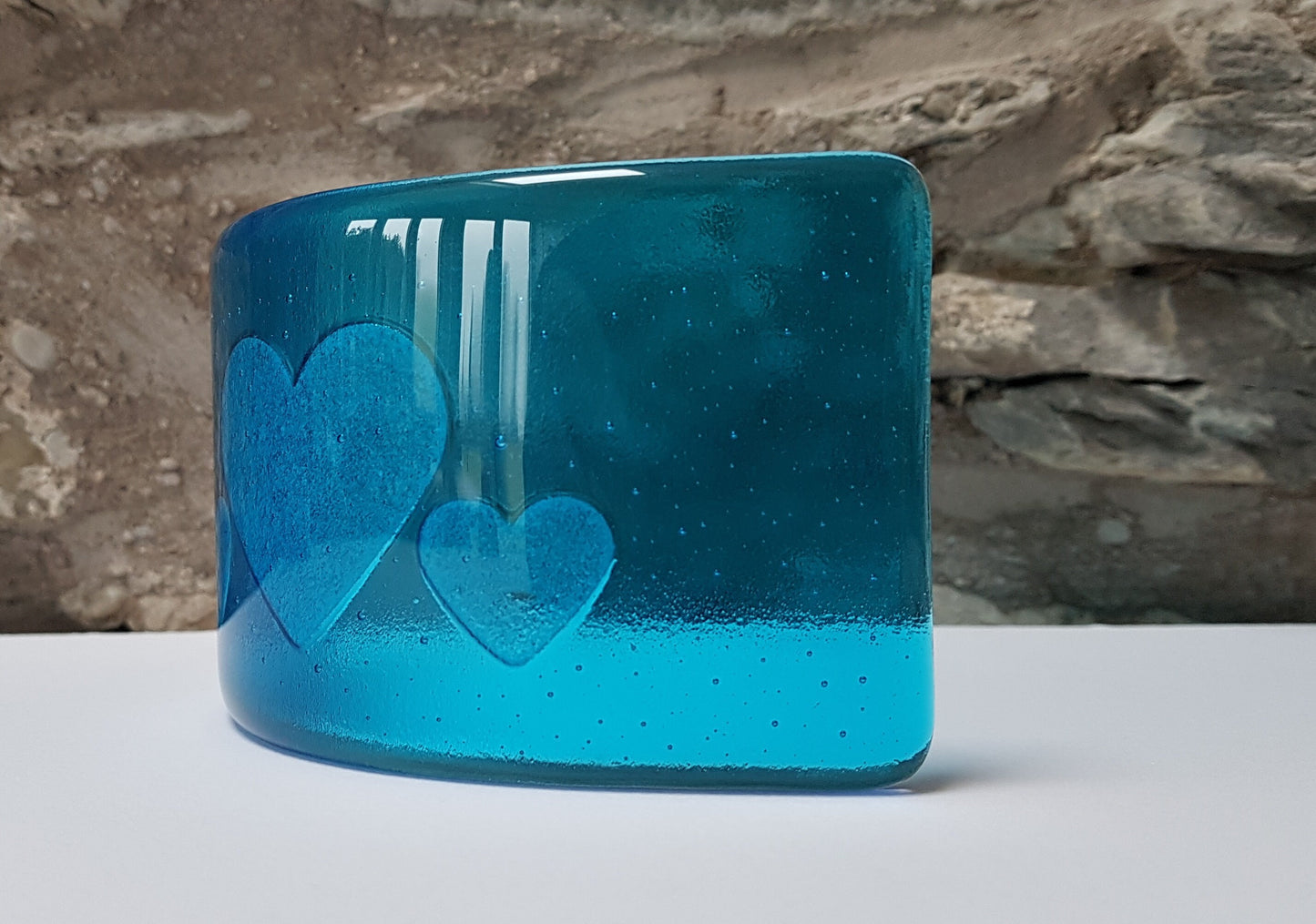 Turquoise Glass Heart Curve, Handmade Blue Glass Art Ornament with a Trio of Kiln Carved Hearts, Blue Decor, Love in the Lakes Collection