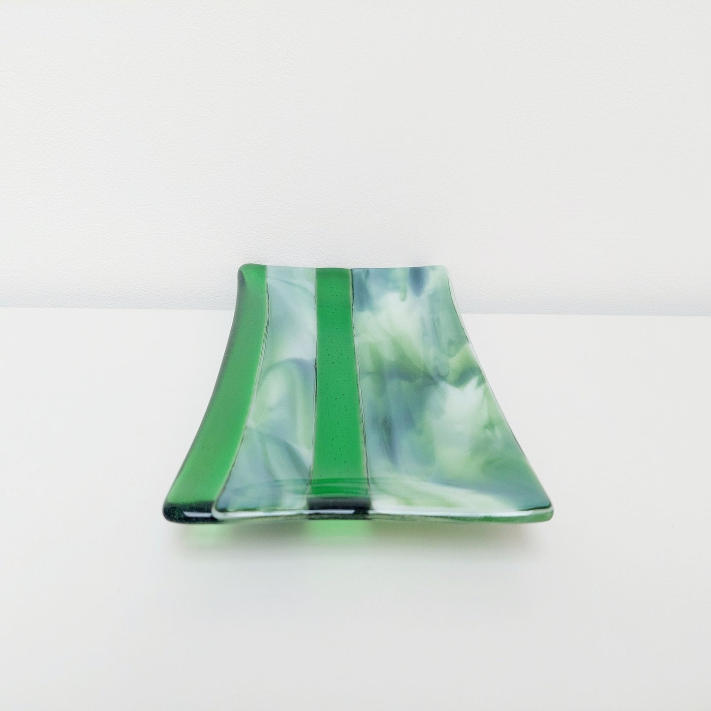 Spring in the Lakes Green Glass Art Plate, Handmade Fused Glass Decorative Tray