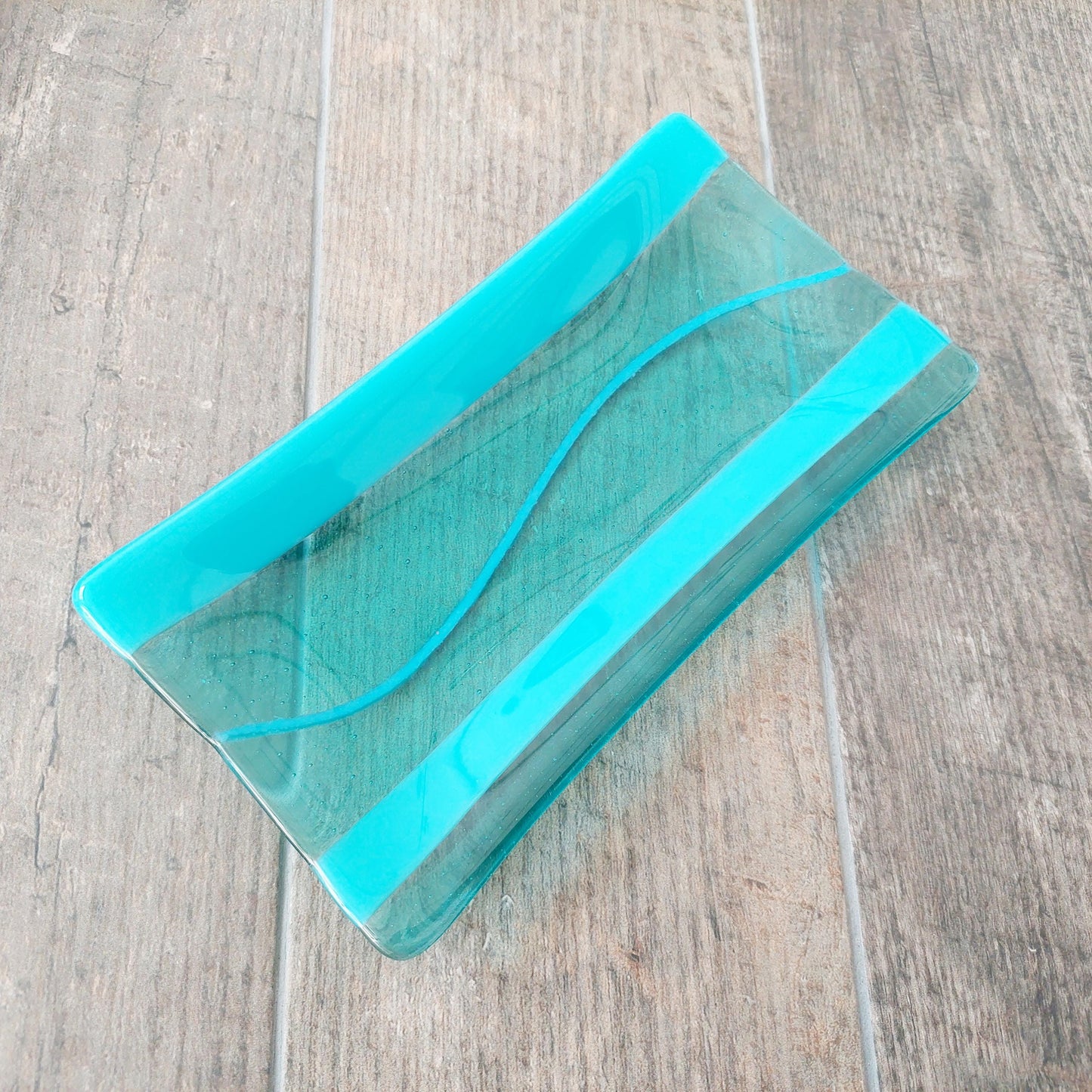 Aqua and Turquoise Glass Art Plate, Handmade Fused Glass Rectangular Platter, Contemporary Artisanal Coffee Table Trinket Dish, Aqua Décor