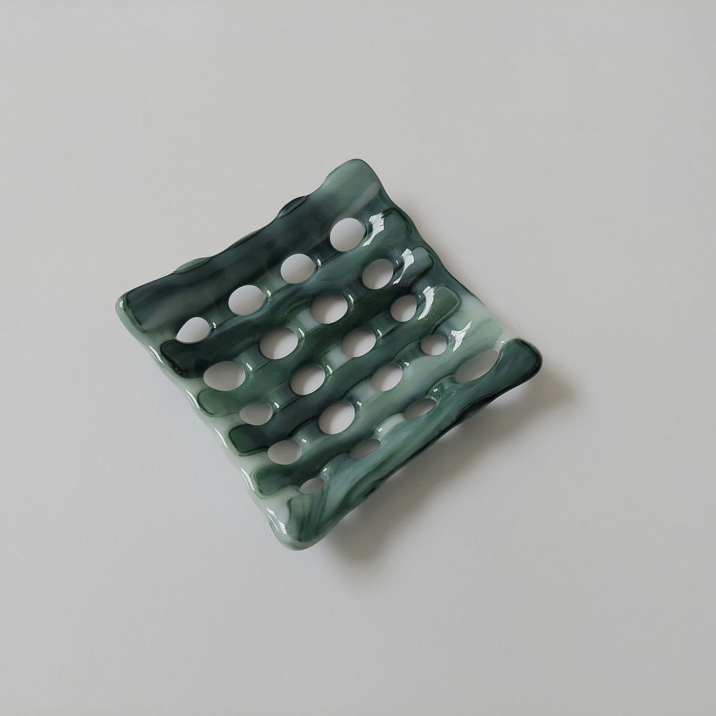 Summer on the Fells Glass Soap Dish with Holes, Handcrafted Green Fused Glass Soap Tray, Organic Soap Dish, Natural Green Bathroom Décor
