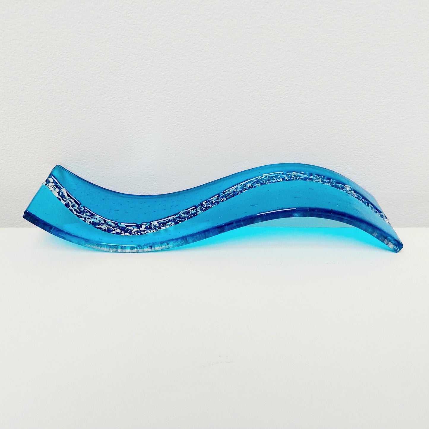 Abstract Turquoise Glass Art Wave, Handmade Turquoise and Crystal Clear Fused Glass Ornament, Minimalist Turquoise Décor, Beach House Décor