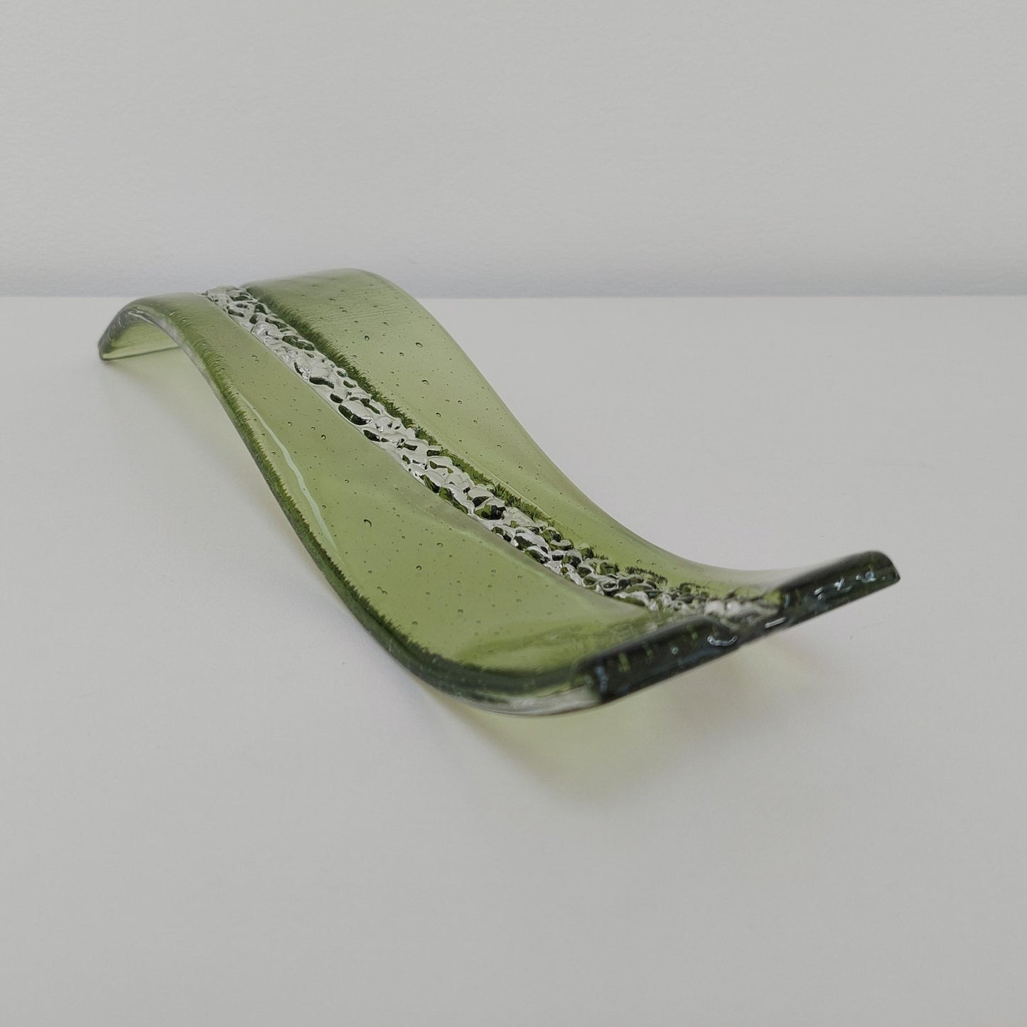 Fern Green Glass Art Wave, Handmade Natural Green Fused Glass Shelf Ornament with Crushed Crystal Clear Glass Accents, Natural Green Décor