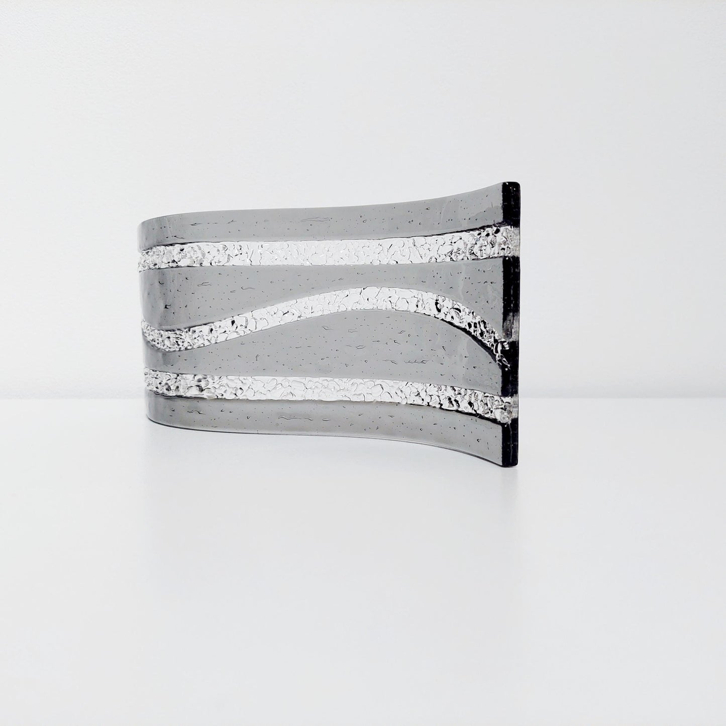 Silver Grey Glass Art Wave, Monochrome Mantlepiece Ornament