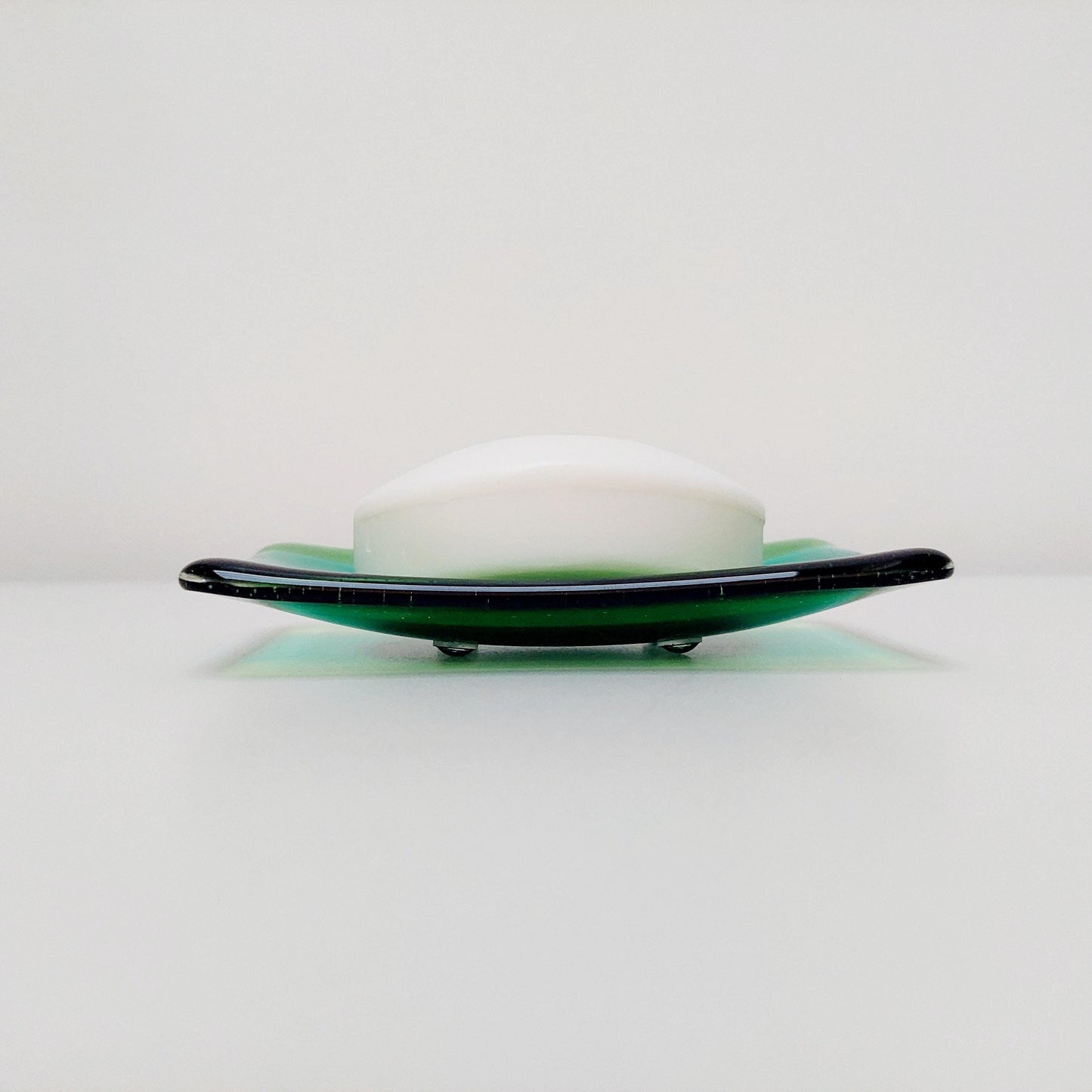 Green Glass Art Soap Dish, Handmade Emerald and Light Green Soap Tray