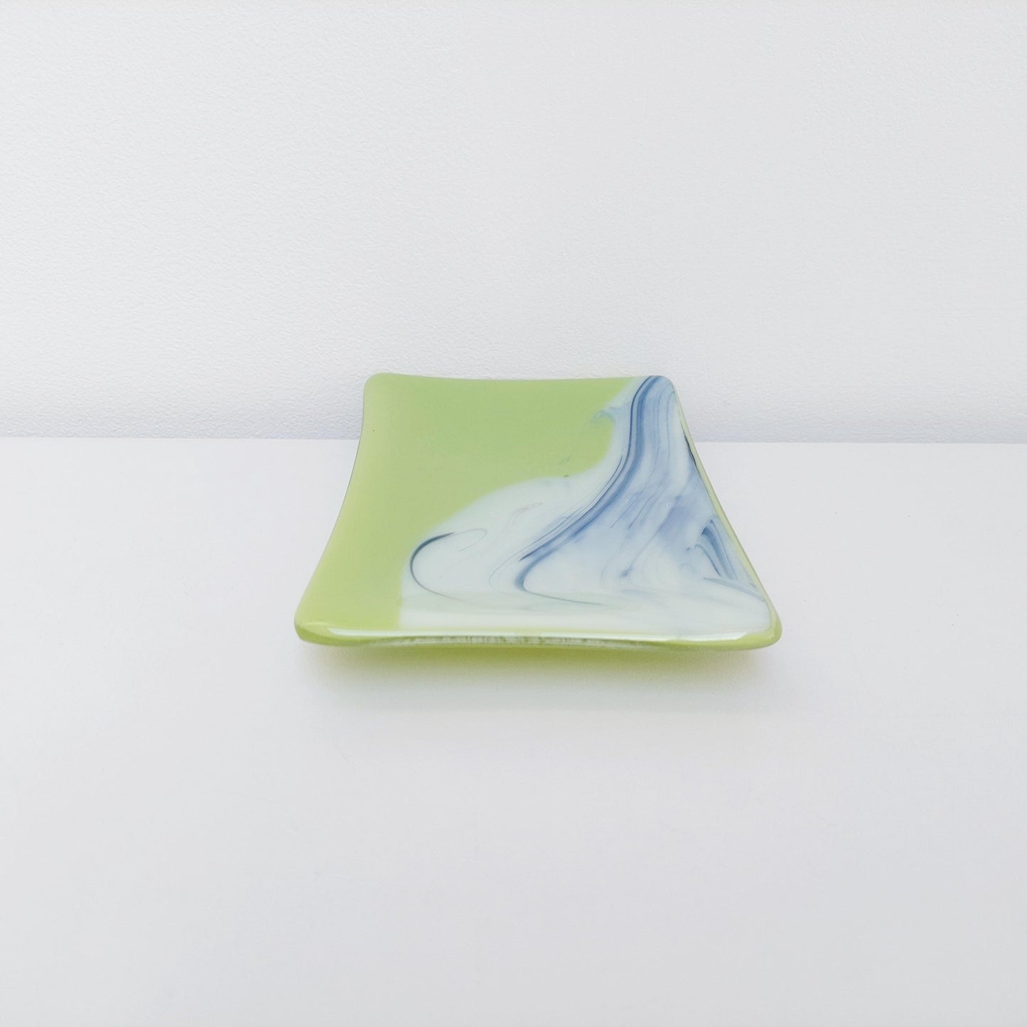 Lime Graffiti Glass Trinket Dish, Handcrafted Green Fused Glass Art Dish with an Abstract Royal Blue and White Design, Lime Green Décor