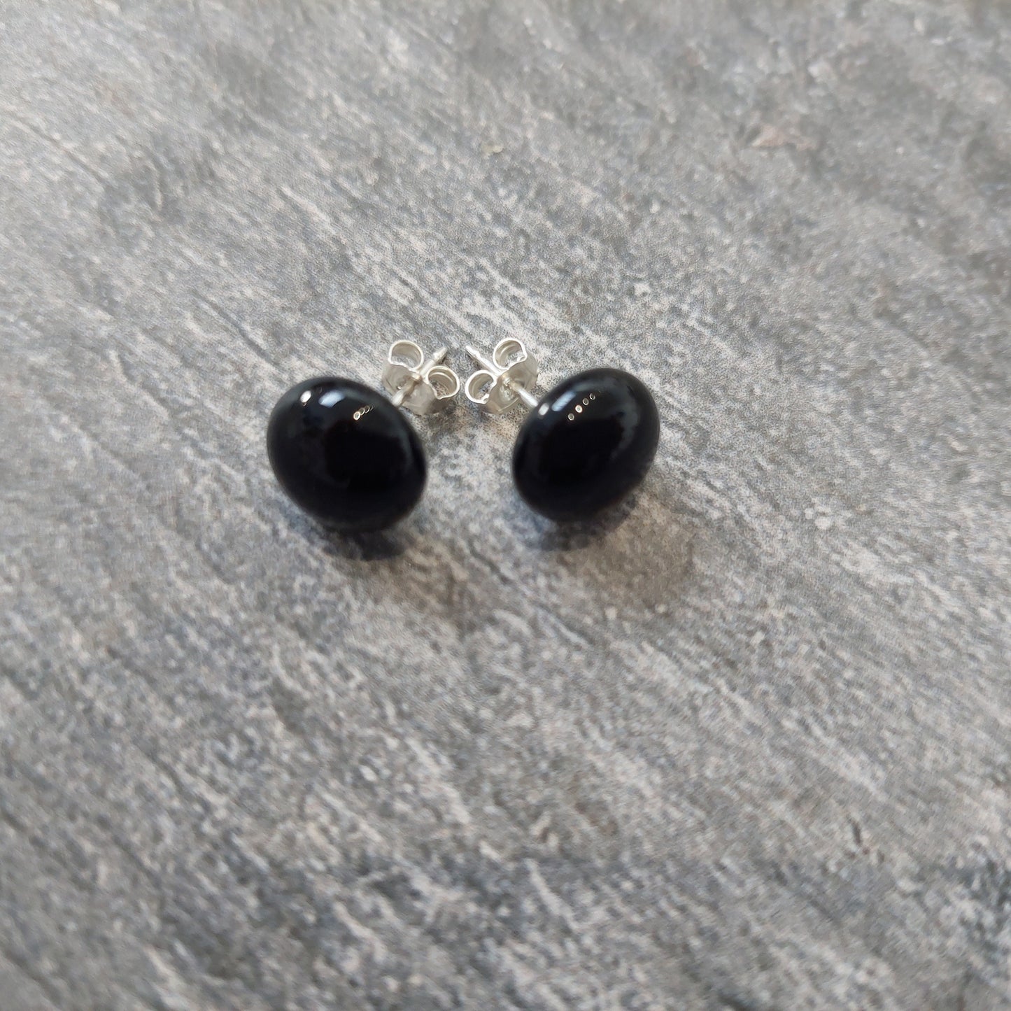 Minimalist Black Glass Stud Earrings, Handmade Fused Glass Studs with Sterling Silver Posts and Butterflies, Small Monochromatic Earrings