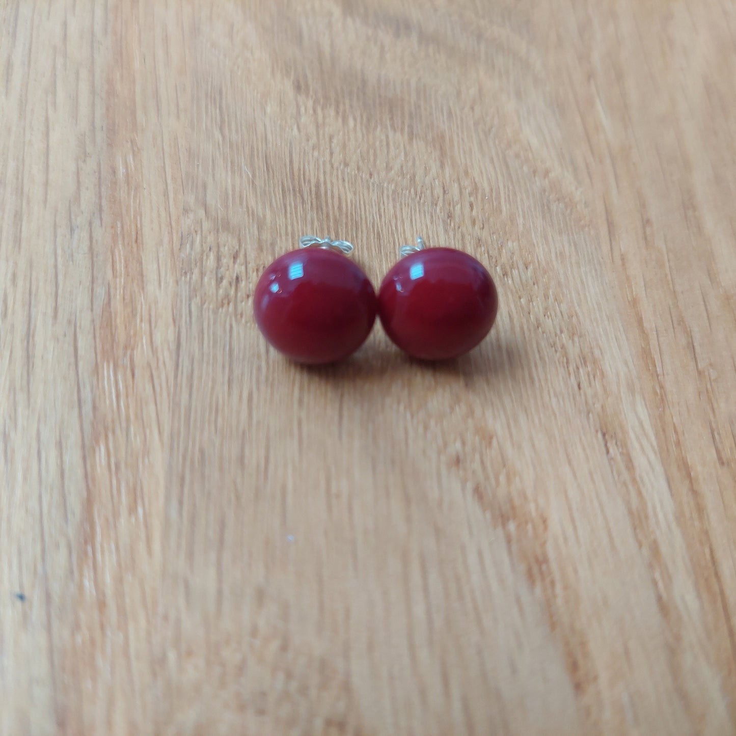Dark Red Fused Glass Stud Earrings with Sterling Silver Posts and Butterfly Closures, Handmade Minimalist Red Studs, Artisanal Red Studs