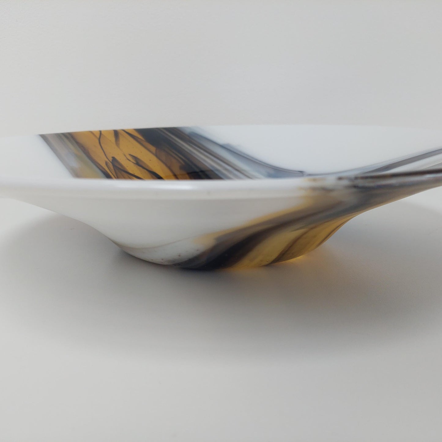 Golden Cascade Glass Art Bowl, Large Handcrafted White Kiln Formed Bowl with an Abstract Gold and Black Design, Artisanal Wedding Gift