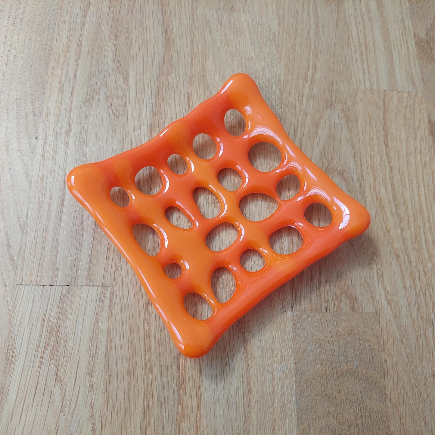 Vibrant Orange Glass Soap Dish with Holes, Handcrafted Fused Glass Soap Tray, Small Organic Glass Art Tray, Boho Orange Bathroom Décor