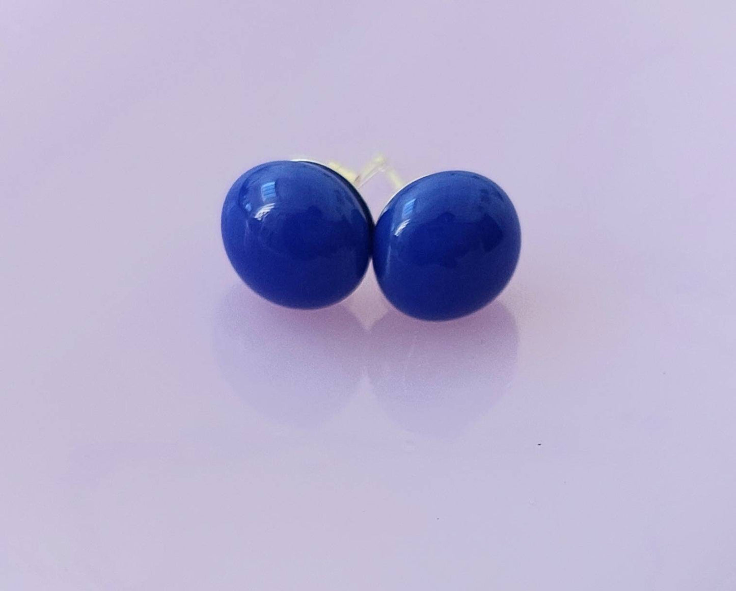 Cobalt Blue Glass Stud Earrings, Handmade Dark Blue Fused Glass Studs with 925 Sterling Silver Posts and Butterflies, Elegant Blue Earrings
