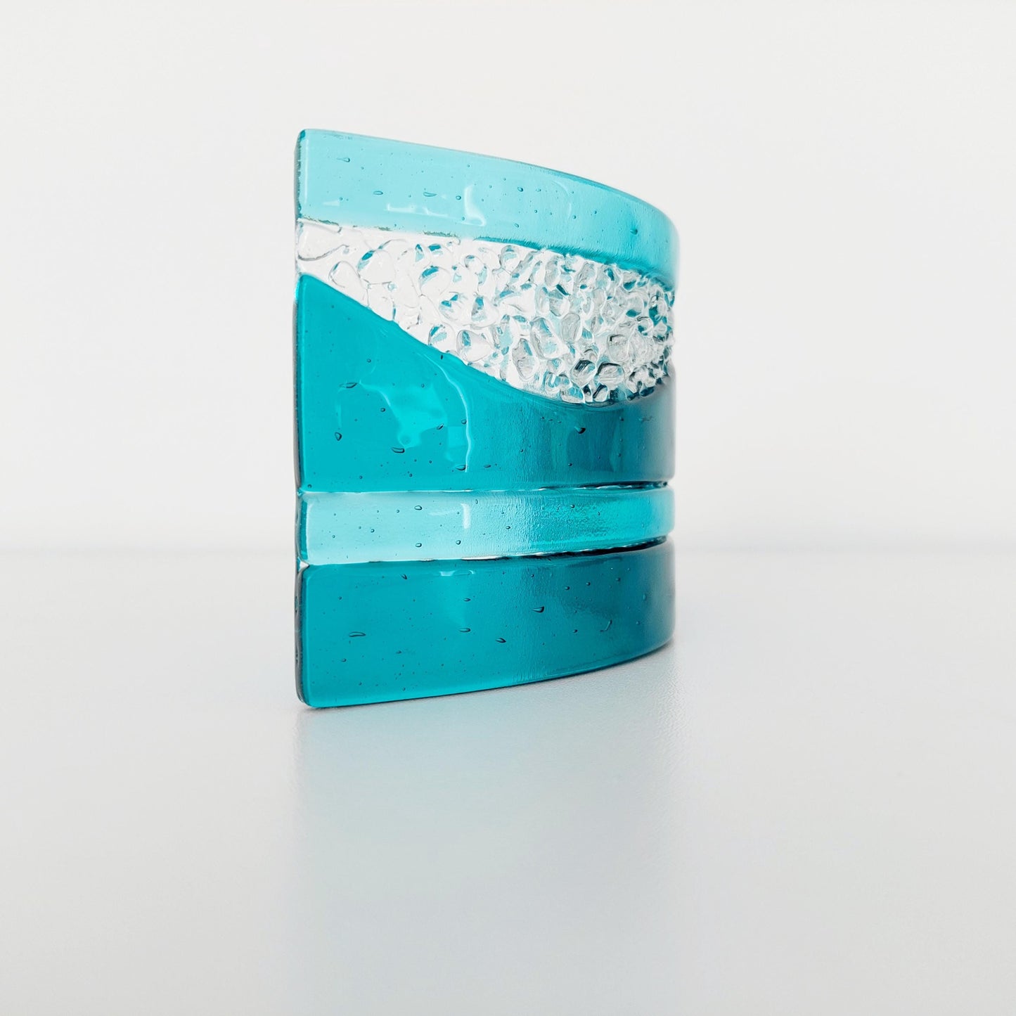 Teal and Aqua Glass Art Curve, Handmade Textured Glass Mantlepiece Ornament, Teal Living Room Décor, Freestanding Teal Glass Candle Screen
