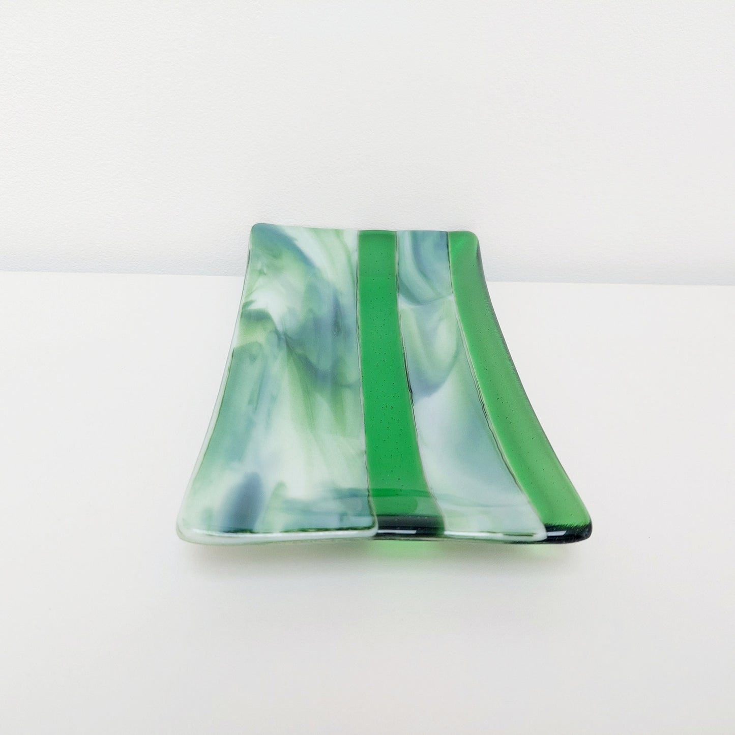 Spring in the Lakes Green Glass Art Plate, Handmade Fused Glass Decorative Tray