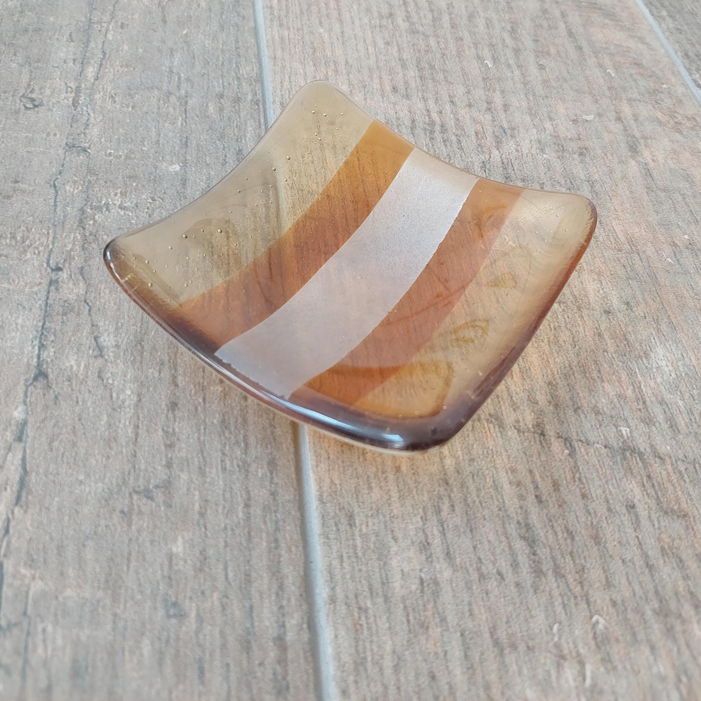 Amber Glass Art Trinket Dish, Opulent Handmade Fused Glass Jewellery Bowl, Small Artisanal Bedside Table Dish, Luxurious Amber Bedroom Décor