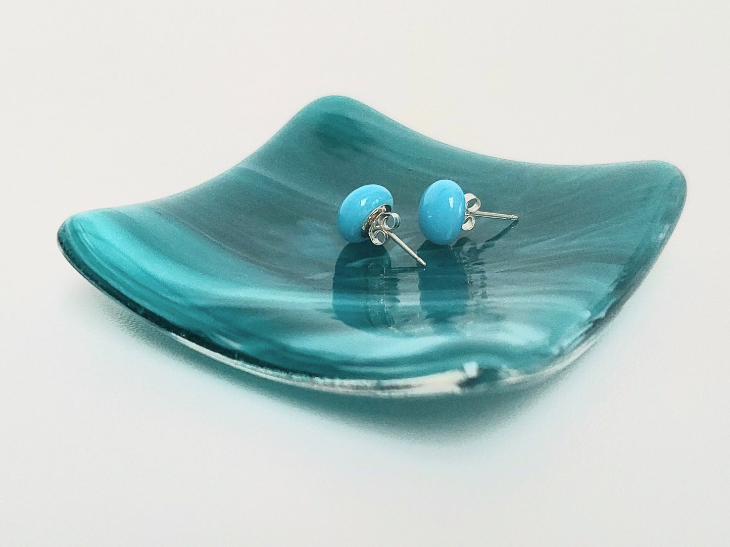 Teal Glass Art Ring Dish, Small Handmade Fused Glass Trinket Dish, Sea Green Glass Earring Bowl, Contemporary Teal Bedroom Décor
