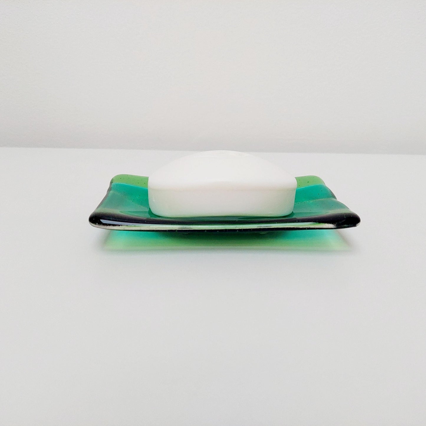 Green Glass Art Soap Dish, Handmade Emerald and Light Green Soap Tray