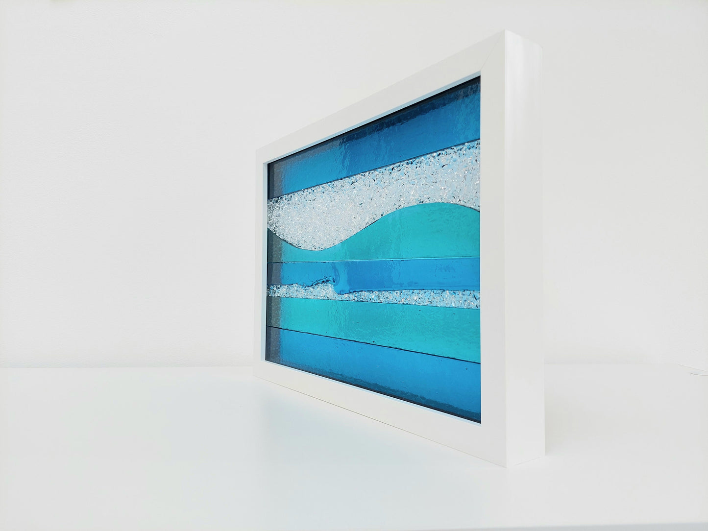 Summer in Keswick Glass Art Framed Picture, Large Handmade Aqua and Turquoise Fused Glass Artisan Picture, Glass Wall Art, Beach House Décor