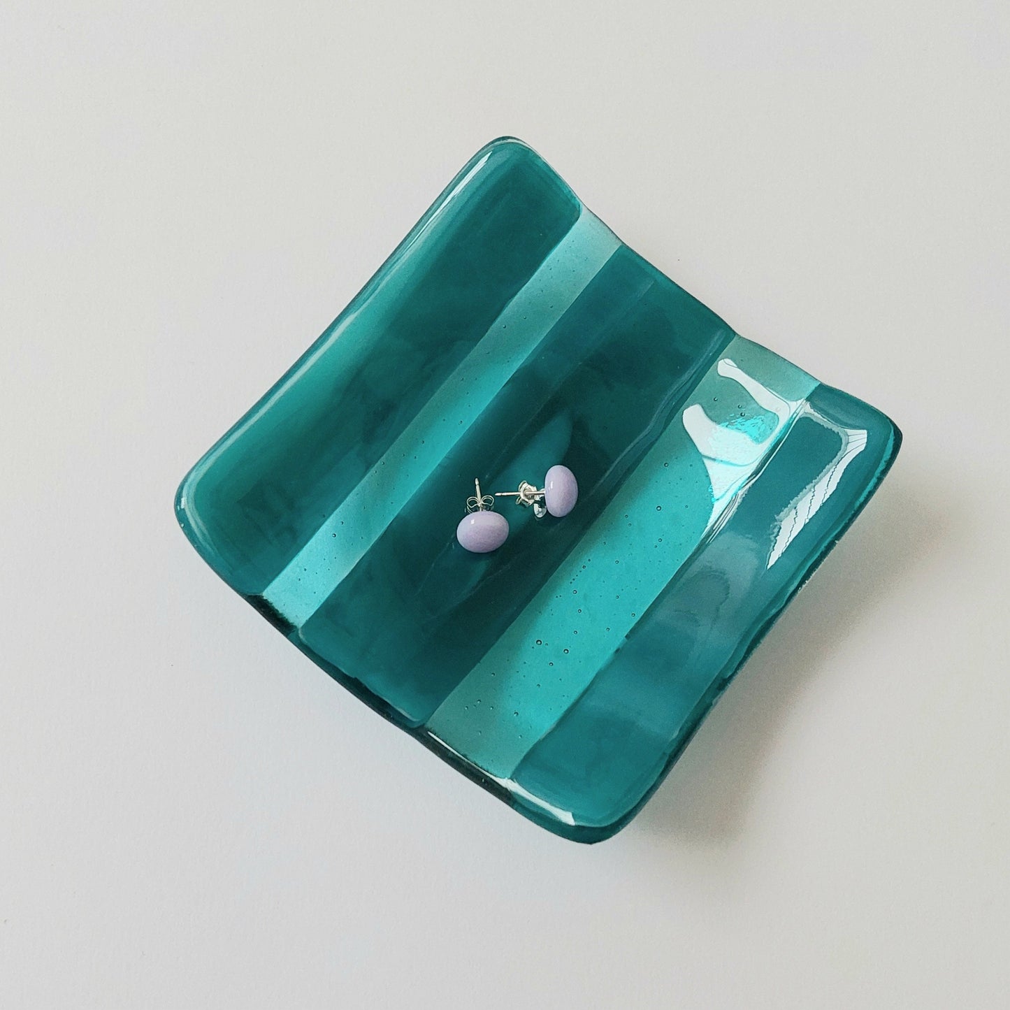 Teal and Aqua Trinket Dish, Fused Glass Art Jewellery Bowl