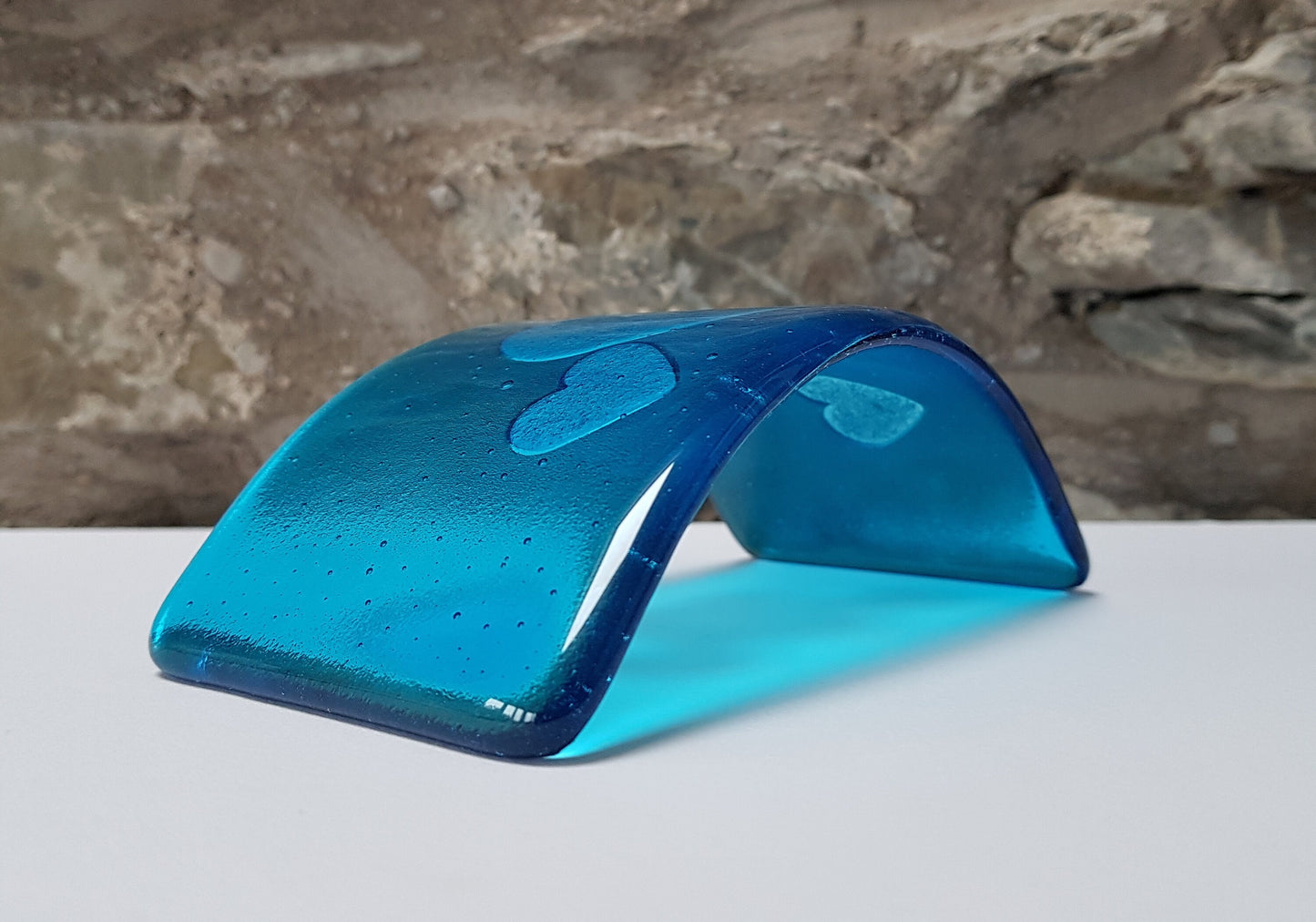 Turquoise Glass Heart Curve, Handmade Blue Glass Art Ornament with a Trio of Kiln Carved Hearts, Blue Decor, Love in the Lakes Collection