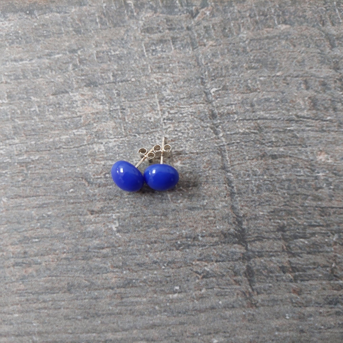 Cobalt Blue Glass Stud Earrings, Handmade Dark Blue Fused Glass Studs with 925 Sterling Silver Posts and Butterflies, Elegant Blue Earrings