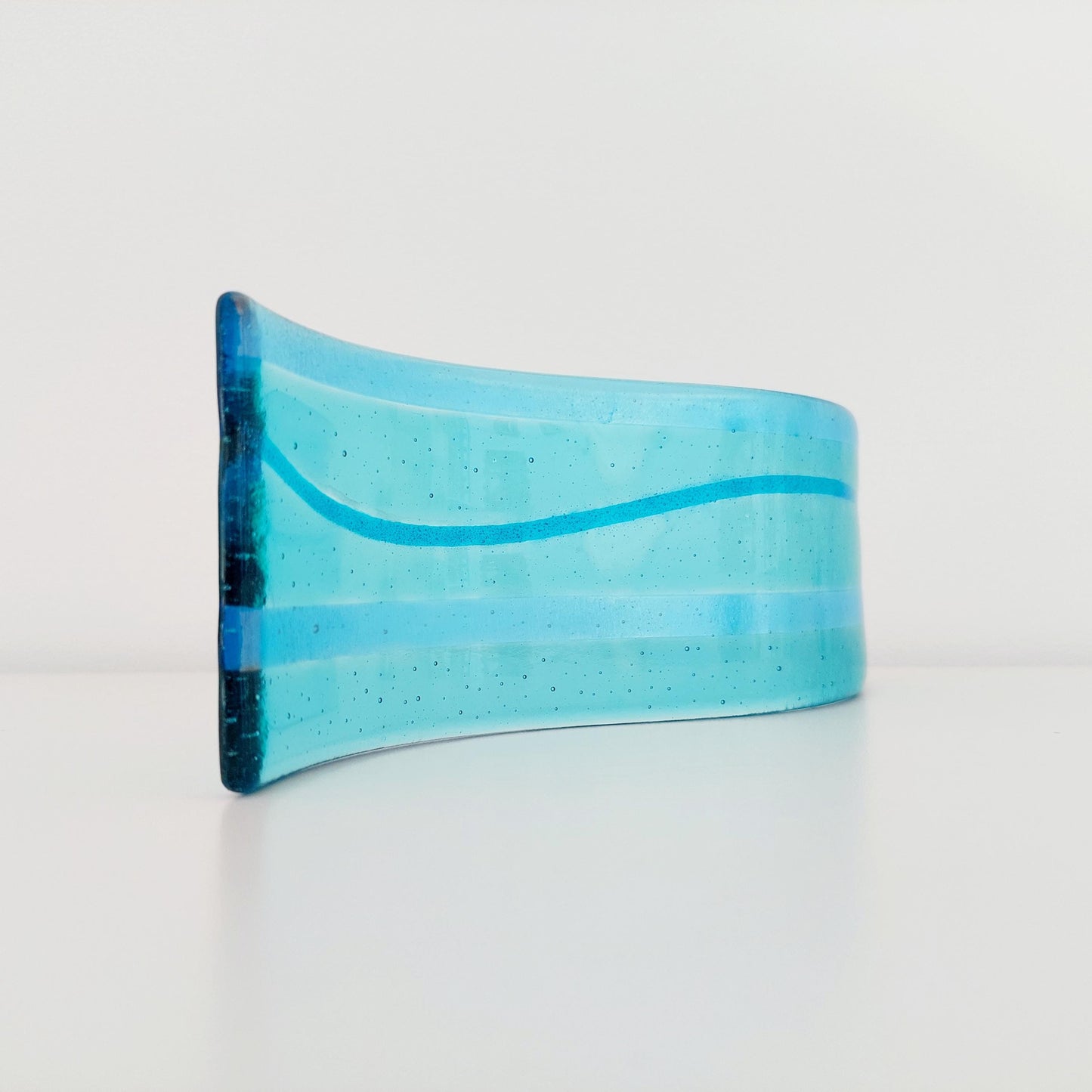 Aqua and Turquoise Glass Wave, Handcrafted Minimalist Fused Glass Art Ornament, Unusual Bathroom Shelf Ornament, Turquoise Bathroom Décor