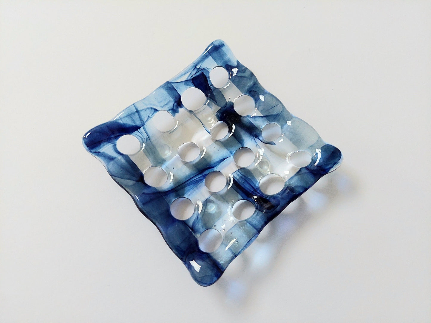 Coniston Water Glass Art Soap Dish with Holes, Handcrafted Dark Aventurine Blue and Crystal Clear Fused Glass Soap Tray, Blue Bathroom Décor