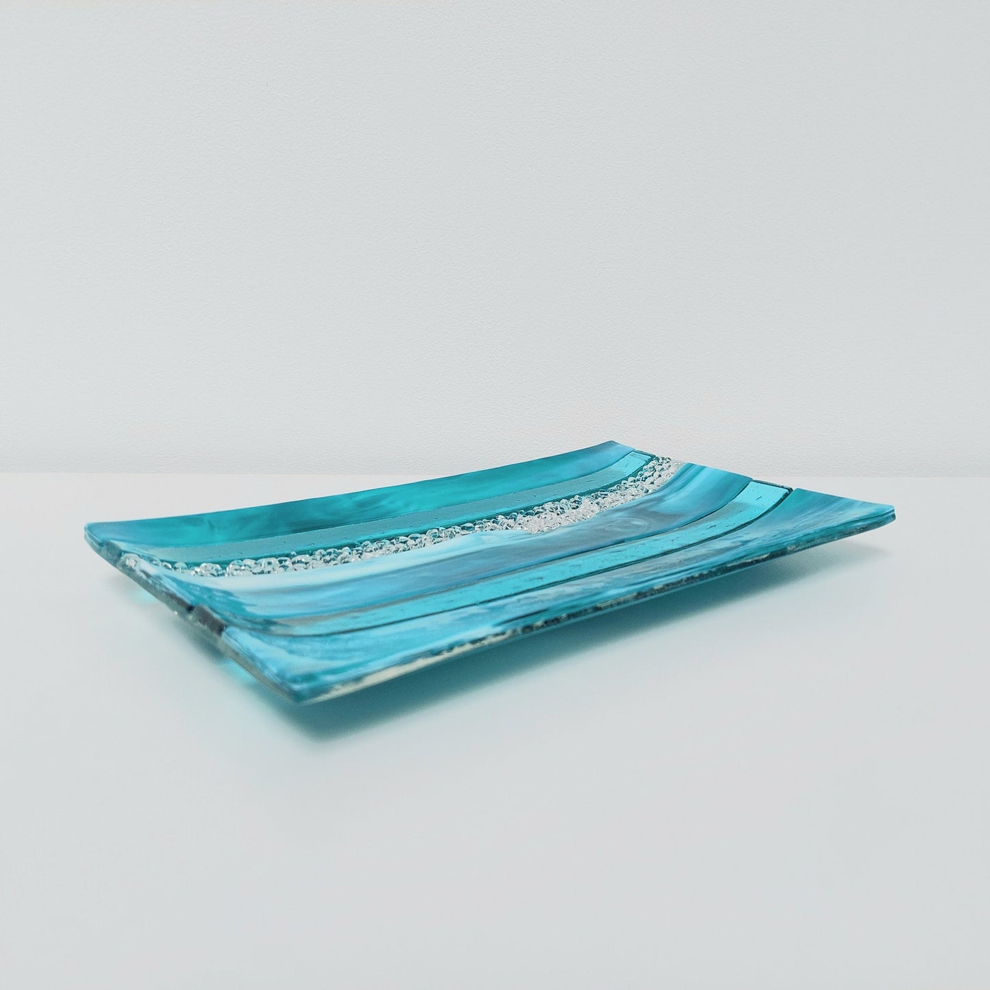 Teal and Aqua Glass Art Plate, Handmade Textured Fused Glass Decorative Tray, Artisan Teal Coffee Table Centrepiece, Beach House Décor