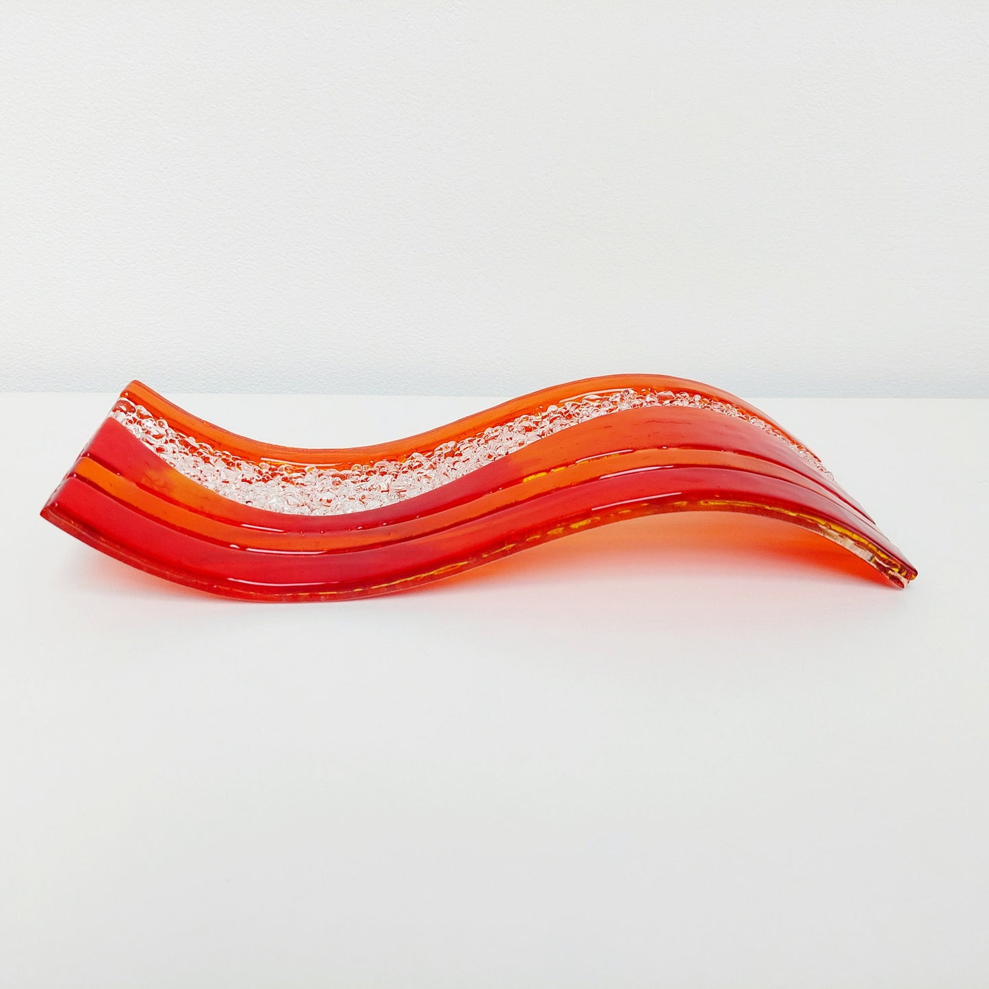 Handmade Sunset Glass Art Wave, Freestanding Red and Orange Fused Glass S Curve, Contemporary Mantlepiece Ornament, Red Living Room Décor