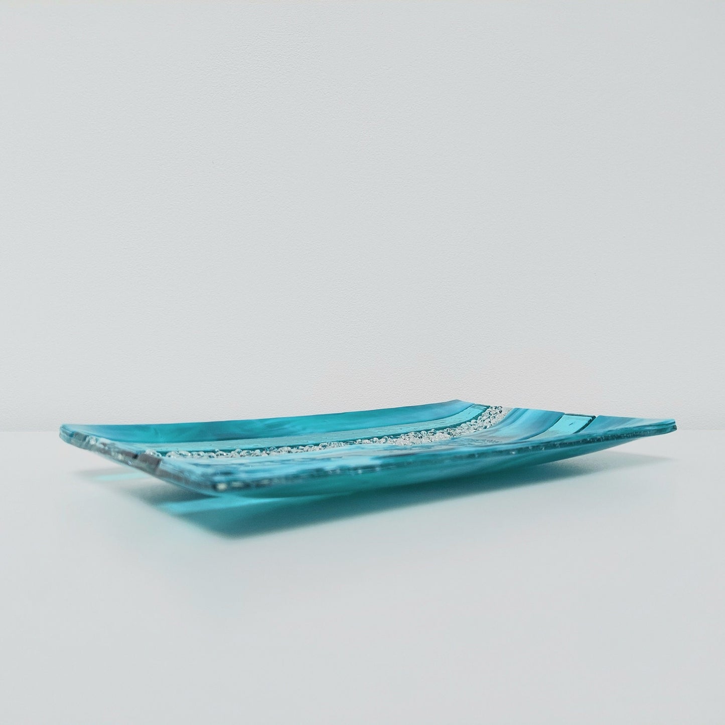 Teal and Aqua Glass Art Plate, Handmade Textured Fused Glass Decorative Tray, Artisan Teal Coffee Table Centrepiece, Beach House Décor
