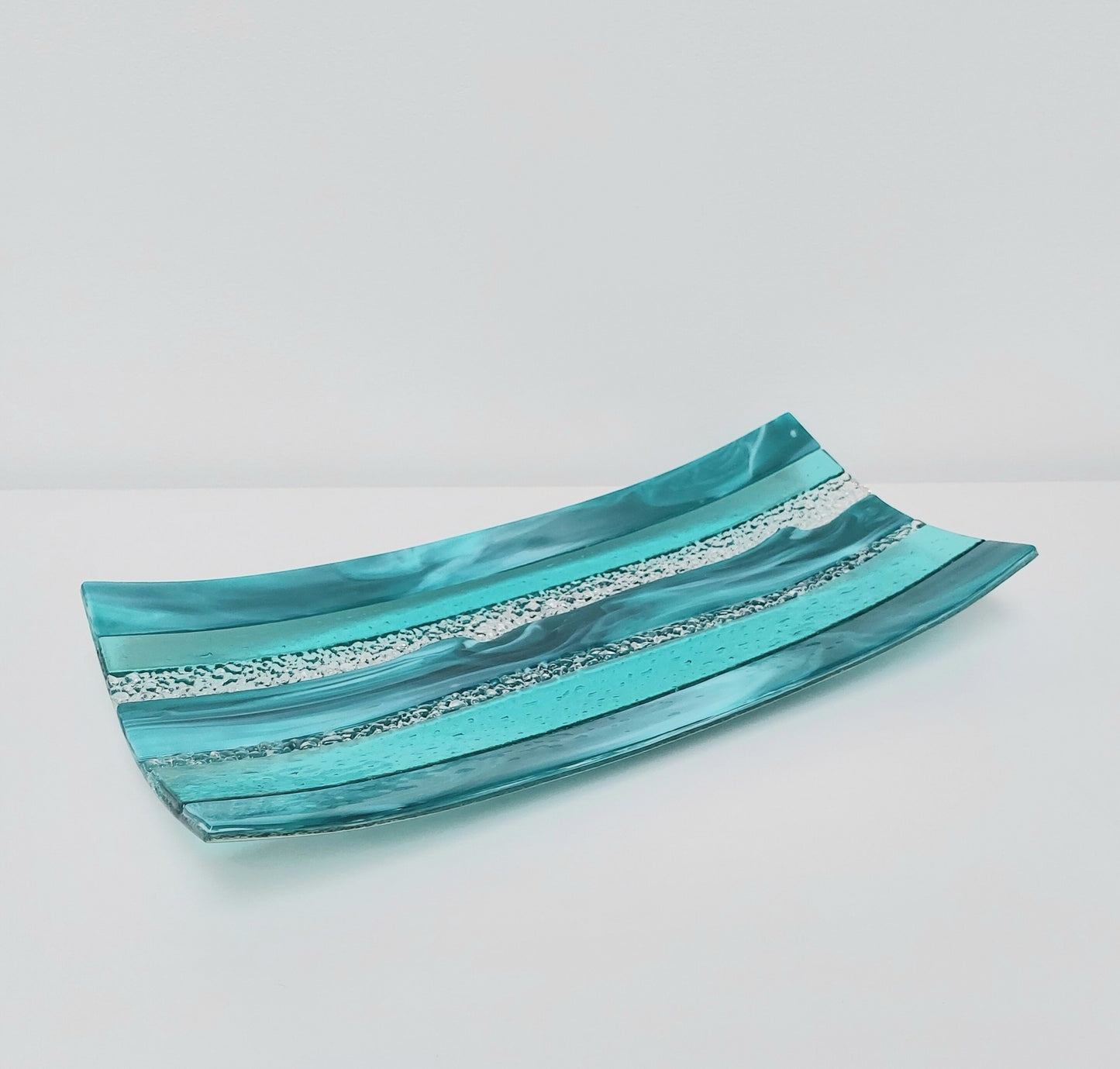 Large Teal Glass Art Plate, Handmade Teal and Aqua Fused Glass Decorative Tray, Teal Living Room Décor, Artisanal Coffee Table Centrepiece